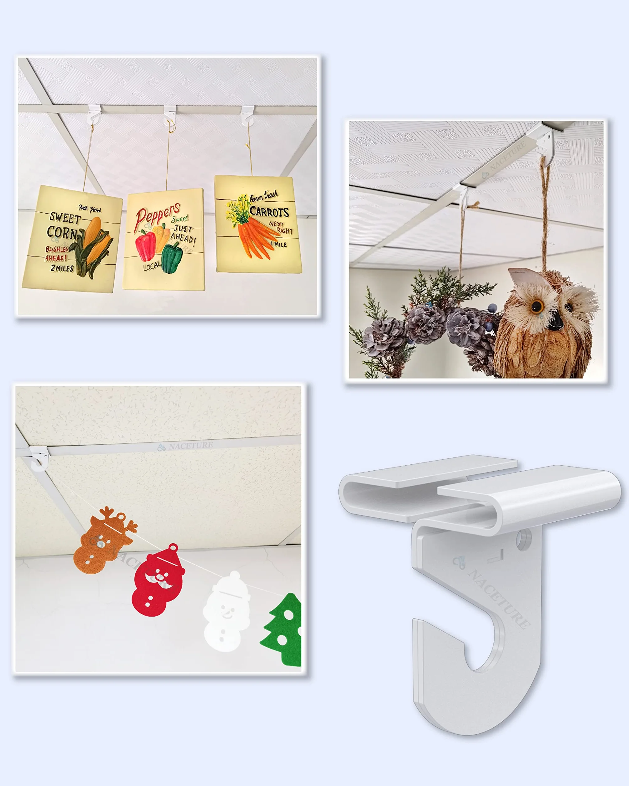 NACETURE Lot de 30 crochets pour plafond suspendu – Crochets blancs robustes et attaches pour tuiles