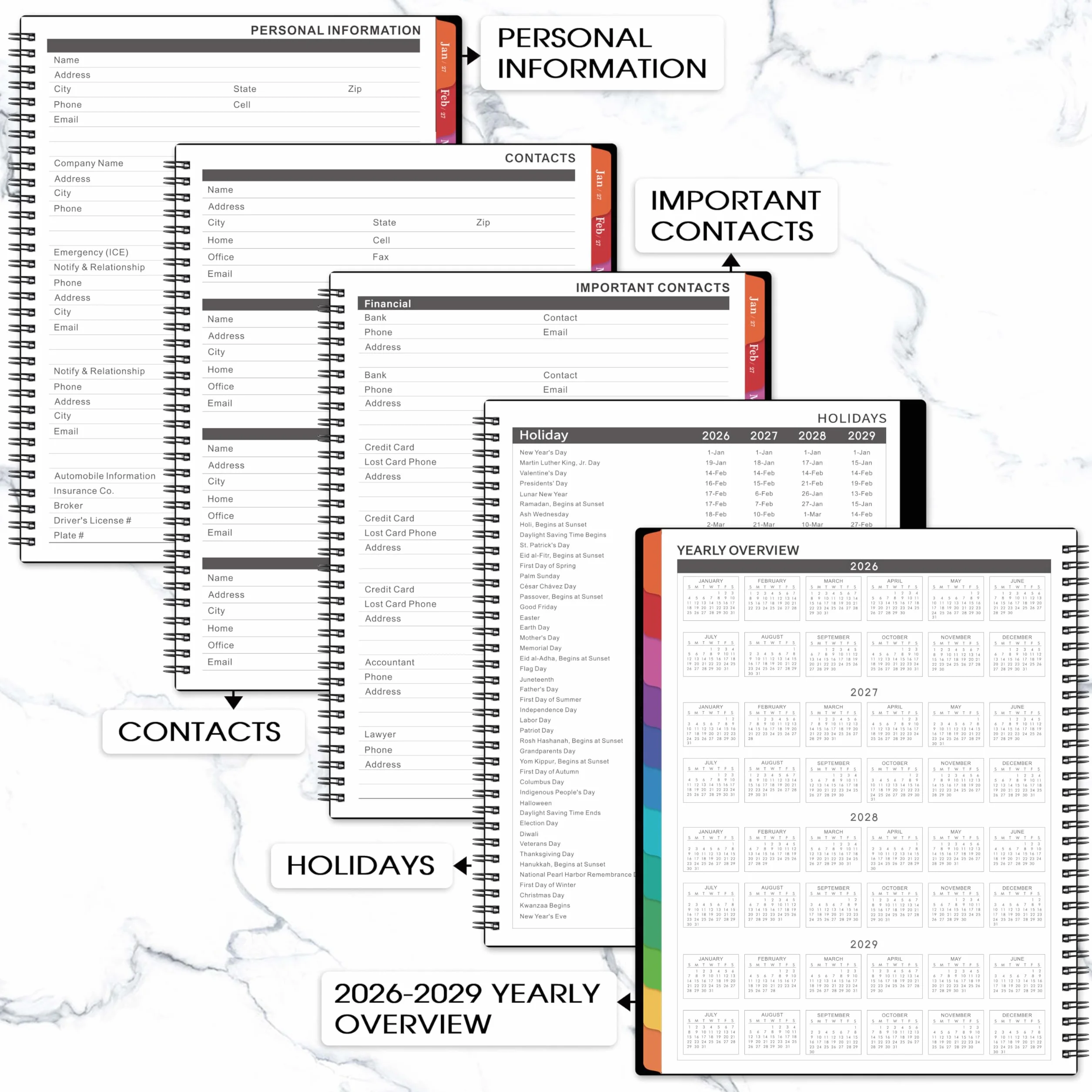 Planning mensuel 2026-2029 – Planificateur mensuel 3 ans 22,9 x 27,9 cm avec onglets colorés
