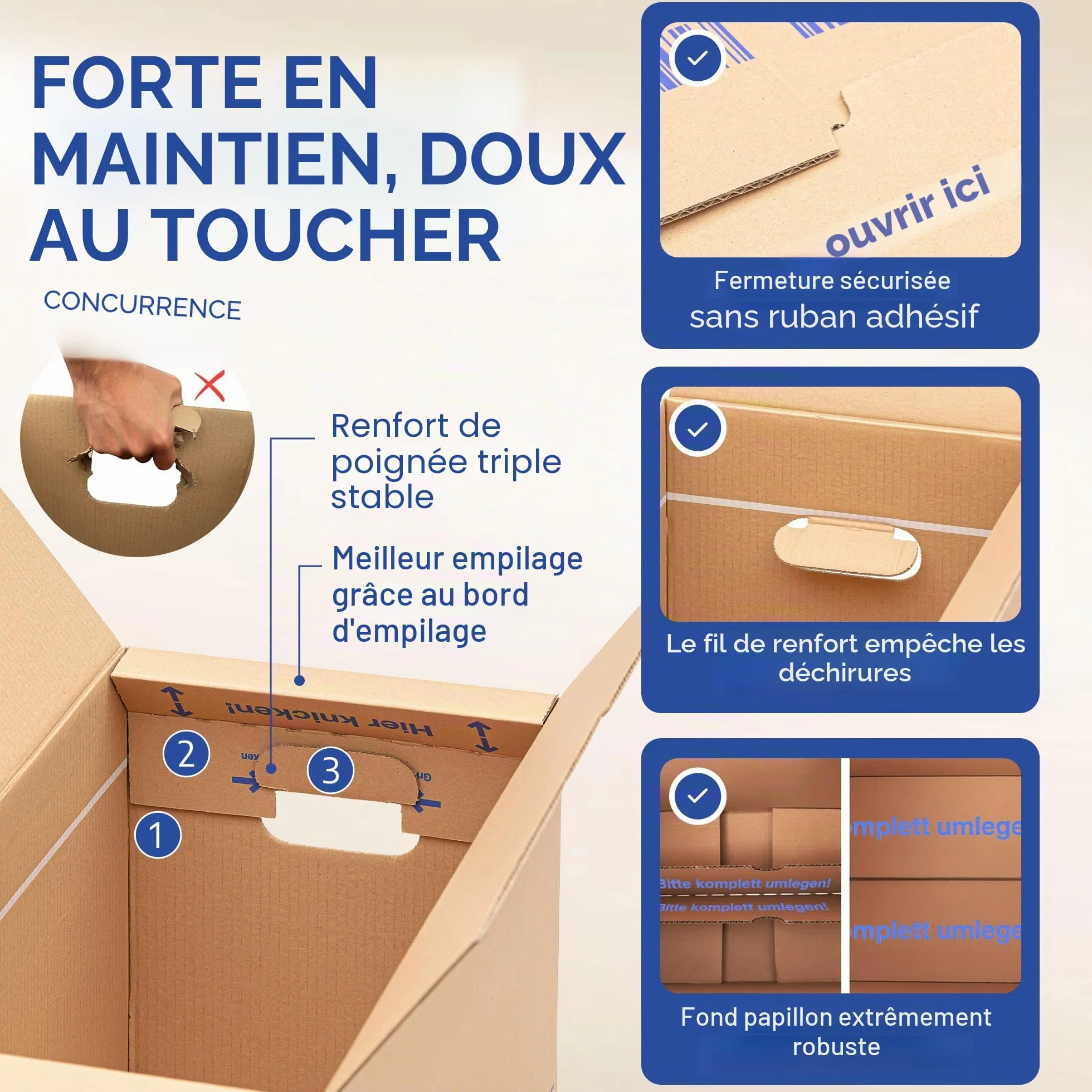 Boîtes carton déménagement stockage 634x290x326 mm 40 kg capacité charge avec poignées réutilisables