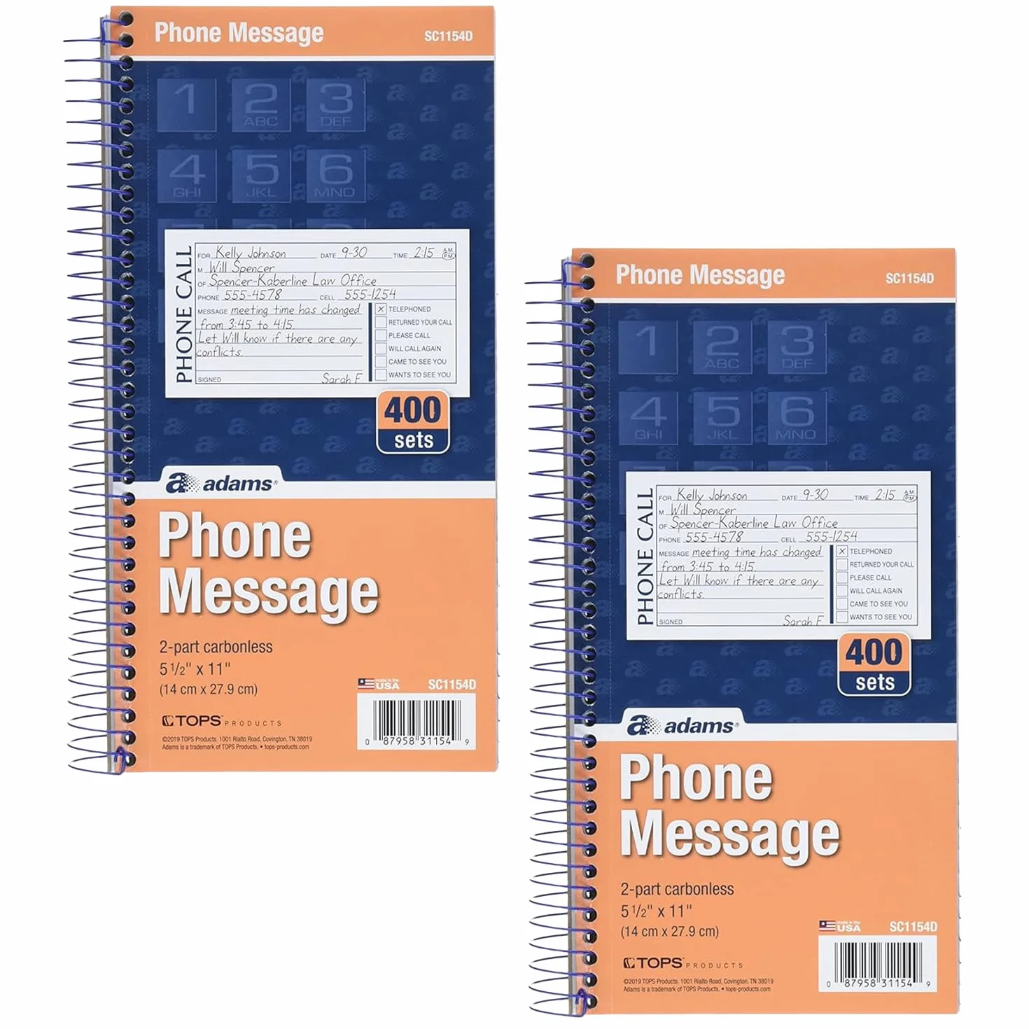 Adams Carnet de messages téléphoniques 13 x 28 cm Reliure spirale 2 parties Sans carbone 4 messages par page 400 ensembles Lot de 2 Blanc et Canari