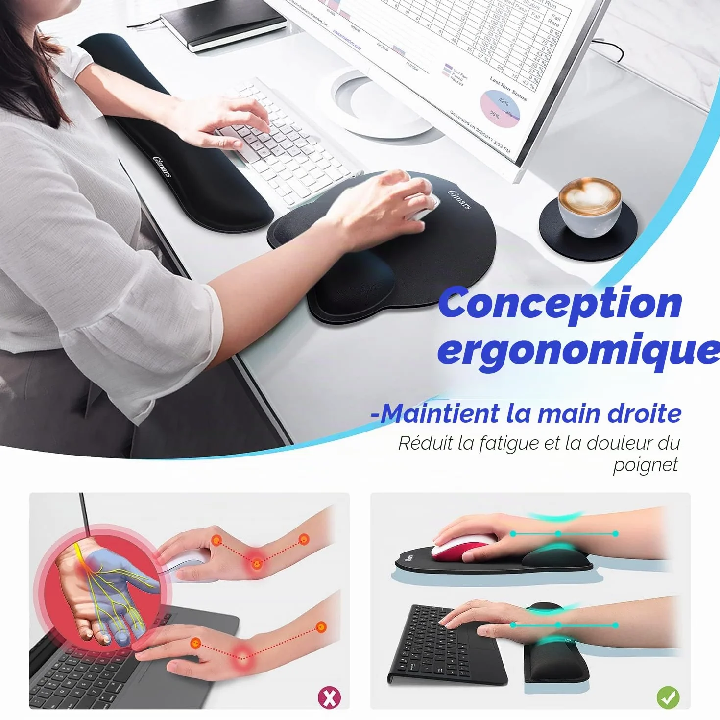 Gimars 3 en 1 Tapis de Souris Ergonomique Repose Poignet Clavier Dessous de Verre, Mouse Pad Antidérapant PU pour Gaming Bureau