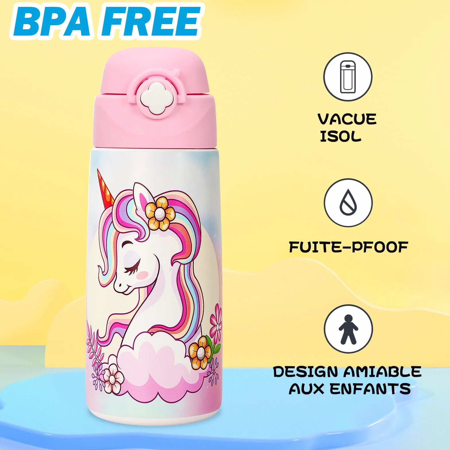 Bouteille Isotherme Enfant Acier Inoxydable 500 ml Sans BPA Anti-fuite Licorne