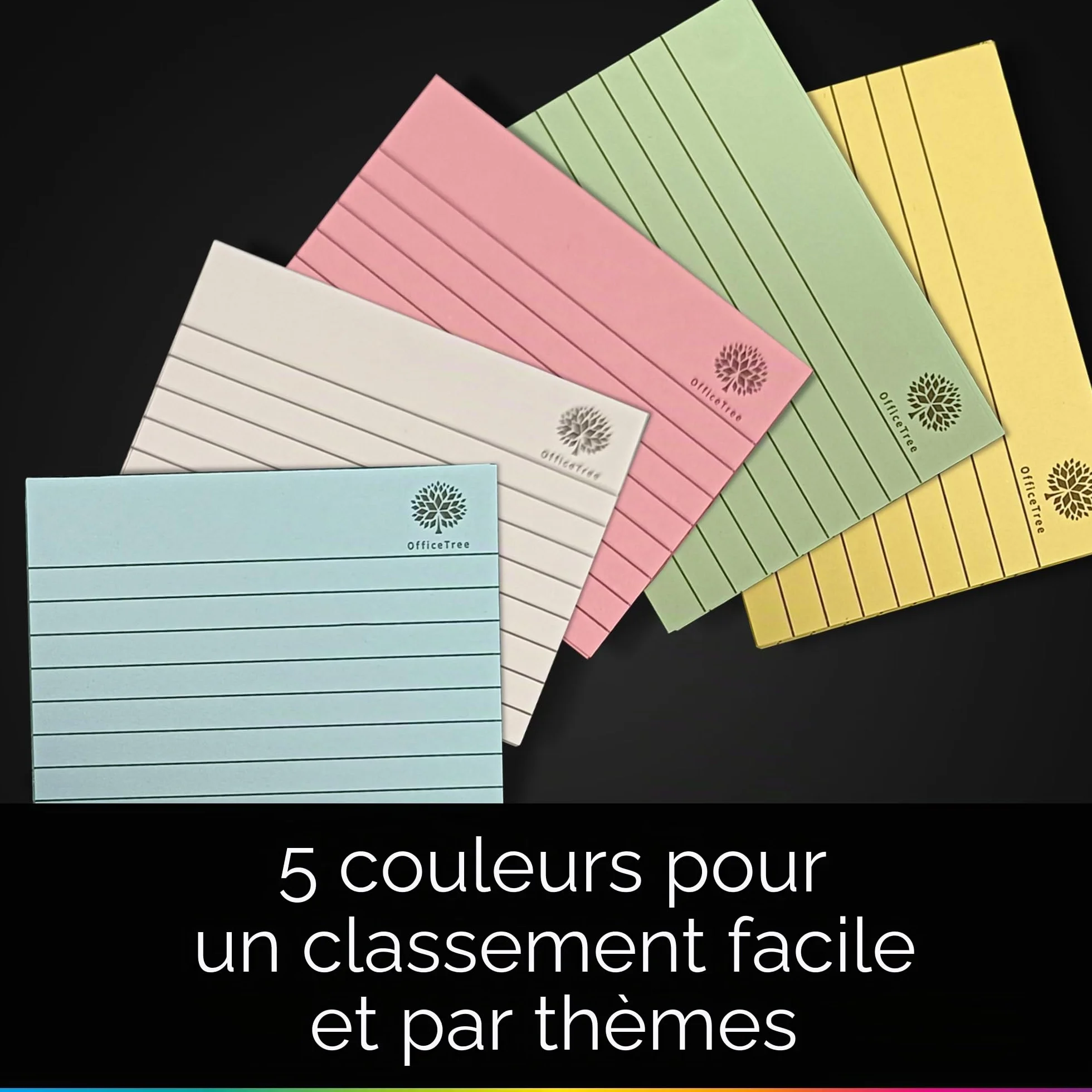 OfficeTree 250x Flash Cards A6 Lignées 5 Couleurs - Fiches Bristol pour Études et Révision