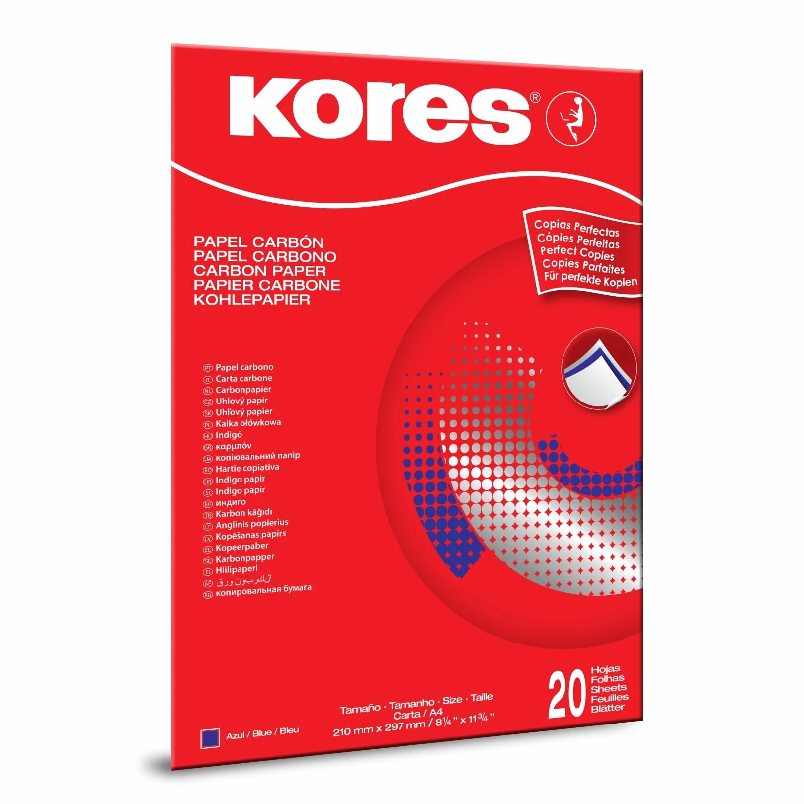 Kores Papier Carbone Bleu A4 21 x 29,7 cm Non Maculable Réutilisable Paquet de 20 Feuilles