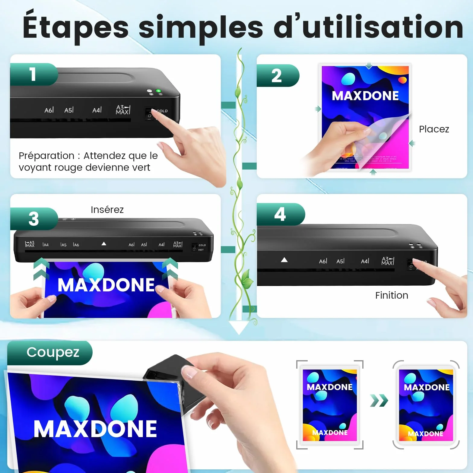 Plastifieuse A3 5 en 1 Machine à Plastifier Thermique et à Froid avec Pochettes A3/A4/A5/A6, Coupe-papier et Arrondisseur d'angle
