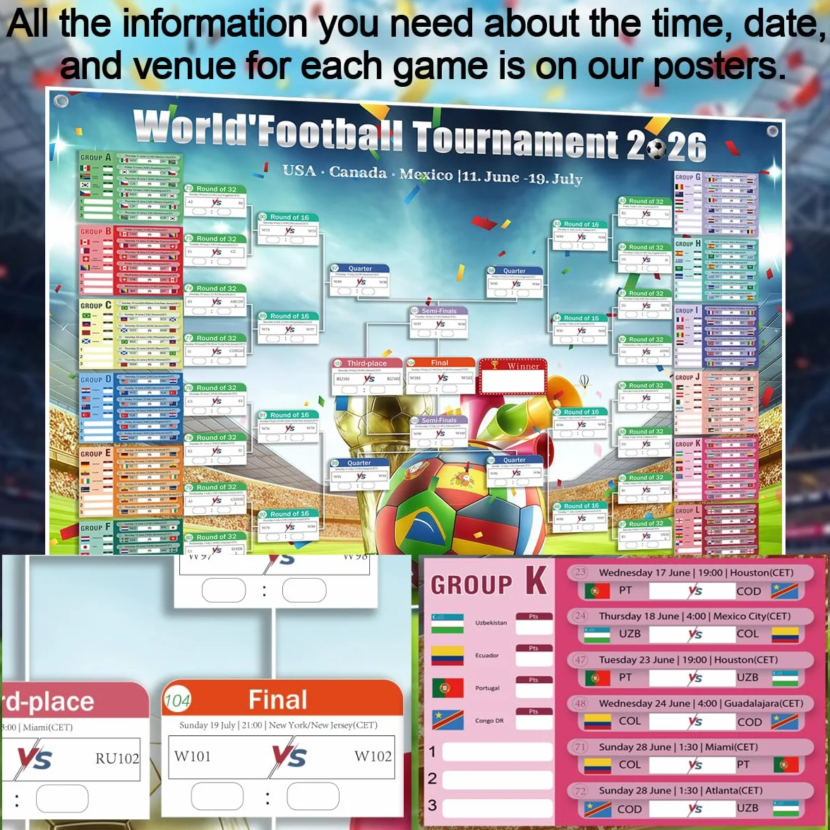 Calendrier Coupe du Monde 2026 150x100cm avec autocollants correcteurs et cordon 48 équipes groupes dates éliminations directes