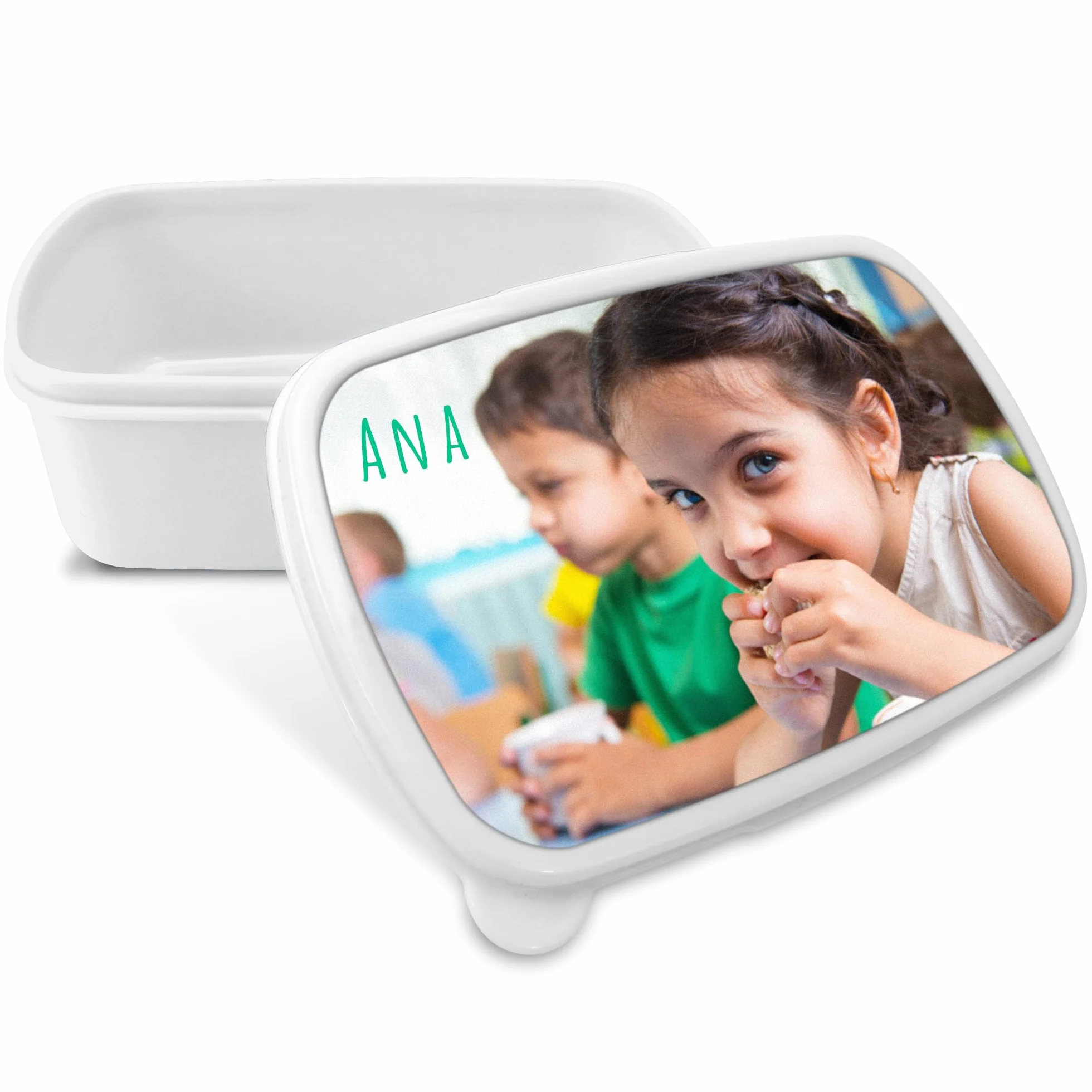 Boîte à goûter personnalisée pour enfants avec photo - Blanche, sans BPA, micro-ondable