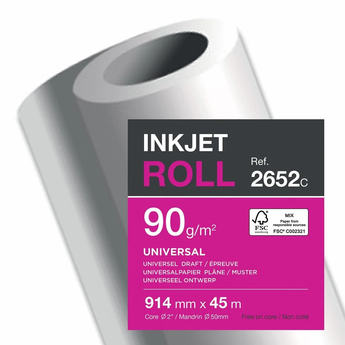 CLAIREFONTAINE Bobine Traceur Jet d'encre 90g 914x45 ml Non Collée Blanc Lot de 2
