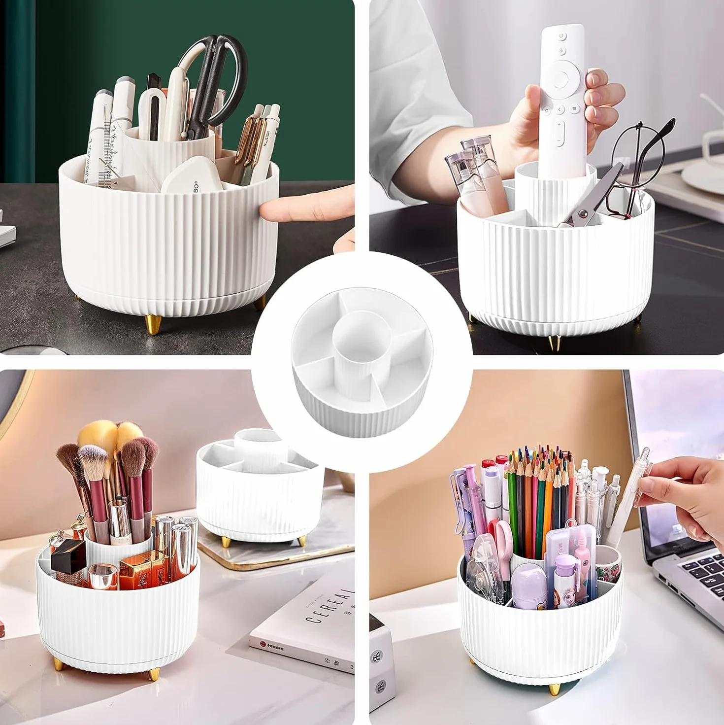Support Rotatif à 360° pour Bureau, Pot à Crayon 5 Compartiments, Rangement Stylo (Blanc + Vert)