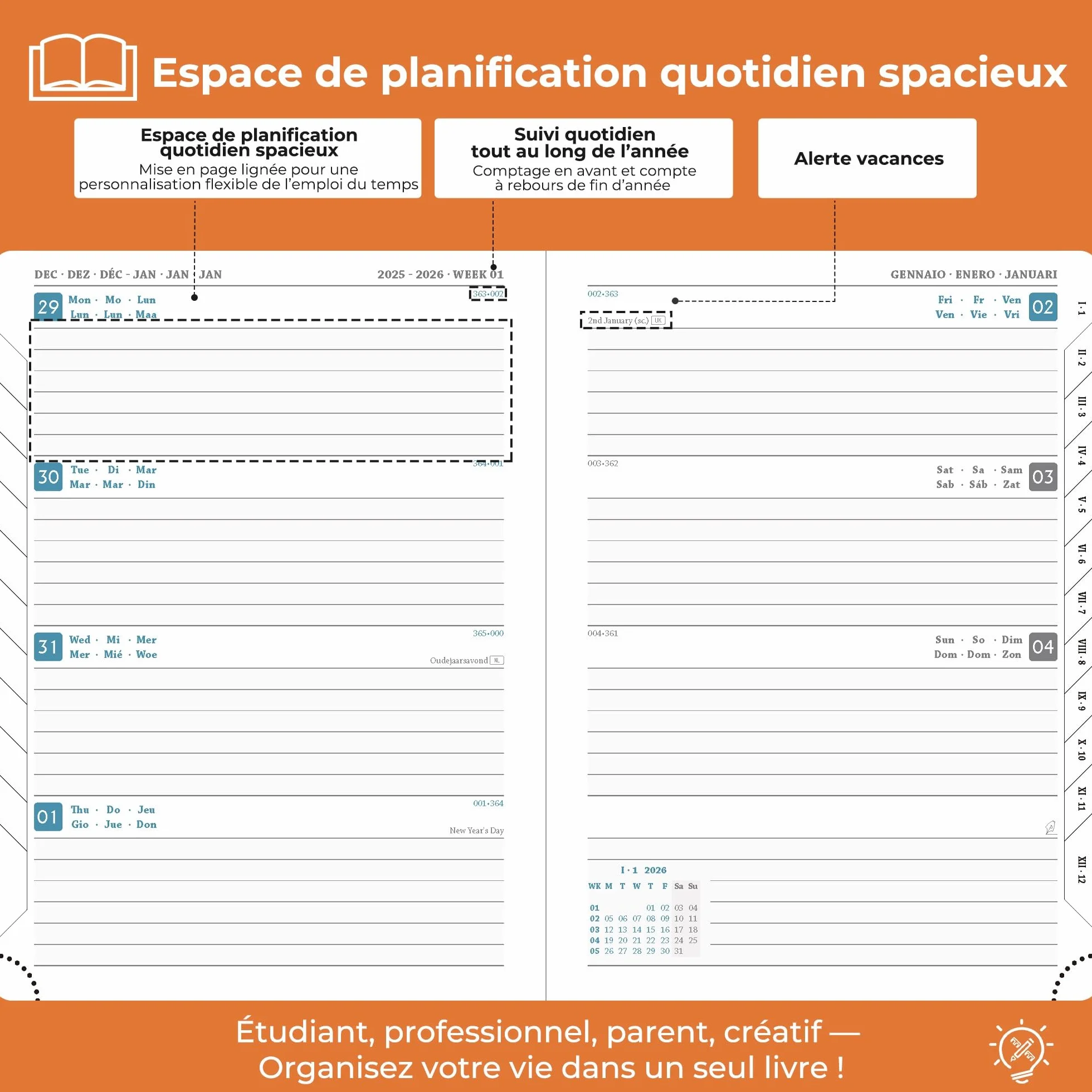 Agenda Semainier 2026 A5 21,9x16,4 cm Spirale Planificateur Hebdomadaire 12 Mois Papier 100GSM Couverture PU Cuir Orange
