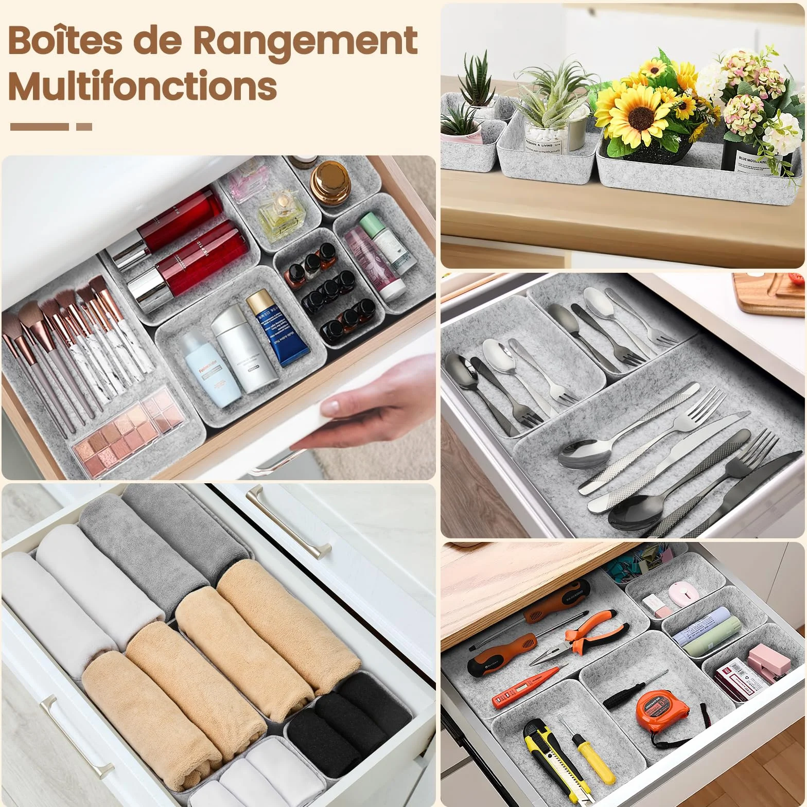 Eurhomewit Organisateur de Tiroir 14 Pièces en Feutre Gris - Boîtes de Rangement Empilables
