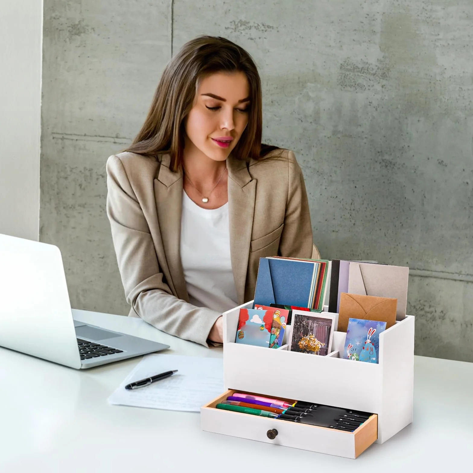 Organiseur de courrier en bois blanc avec tiroir pour bureau
