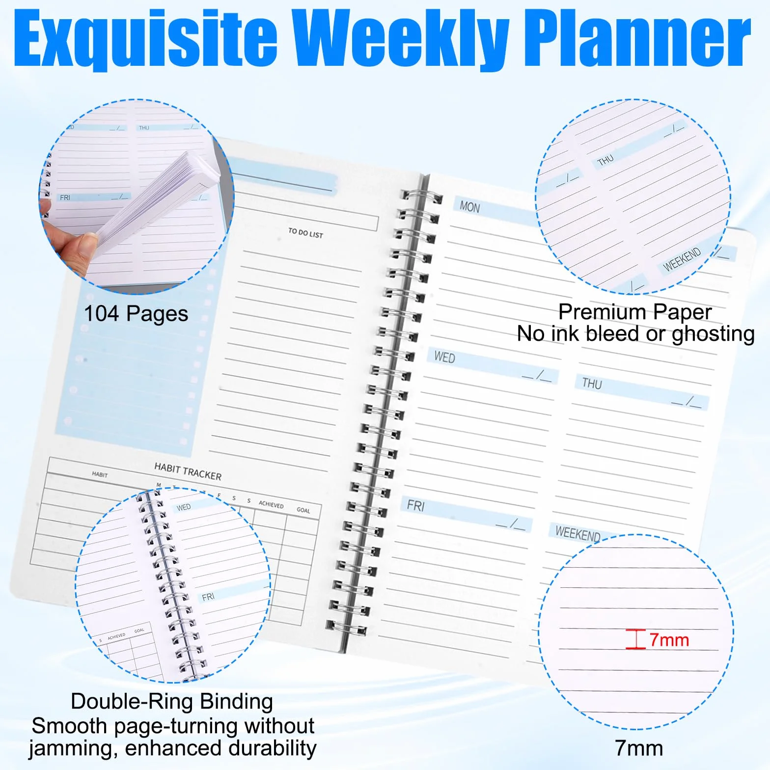 Agenda Hebdomadaire Non Daté 20,8x14,2 cm Semainier 2026 Spirale A5 Weekly Planner Couverture Imperméable Papier 100g/m² Bleu