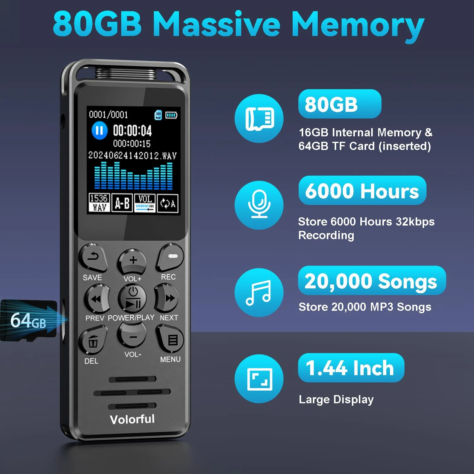 Enregistreur Vocal Numérique 80GB 70H avec Écran Couleur 1,44", Activation Vocale, Lecteur MP3, USB-C