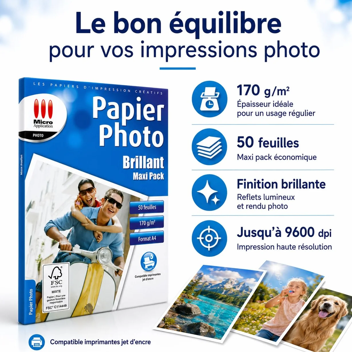 Papier Photo Brillant A4 170 g/m² Maxi Pack 50 Feuilles Séchage Rapide 9600 dpi Compatible Jet d'Encre