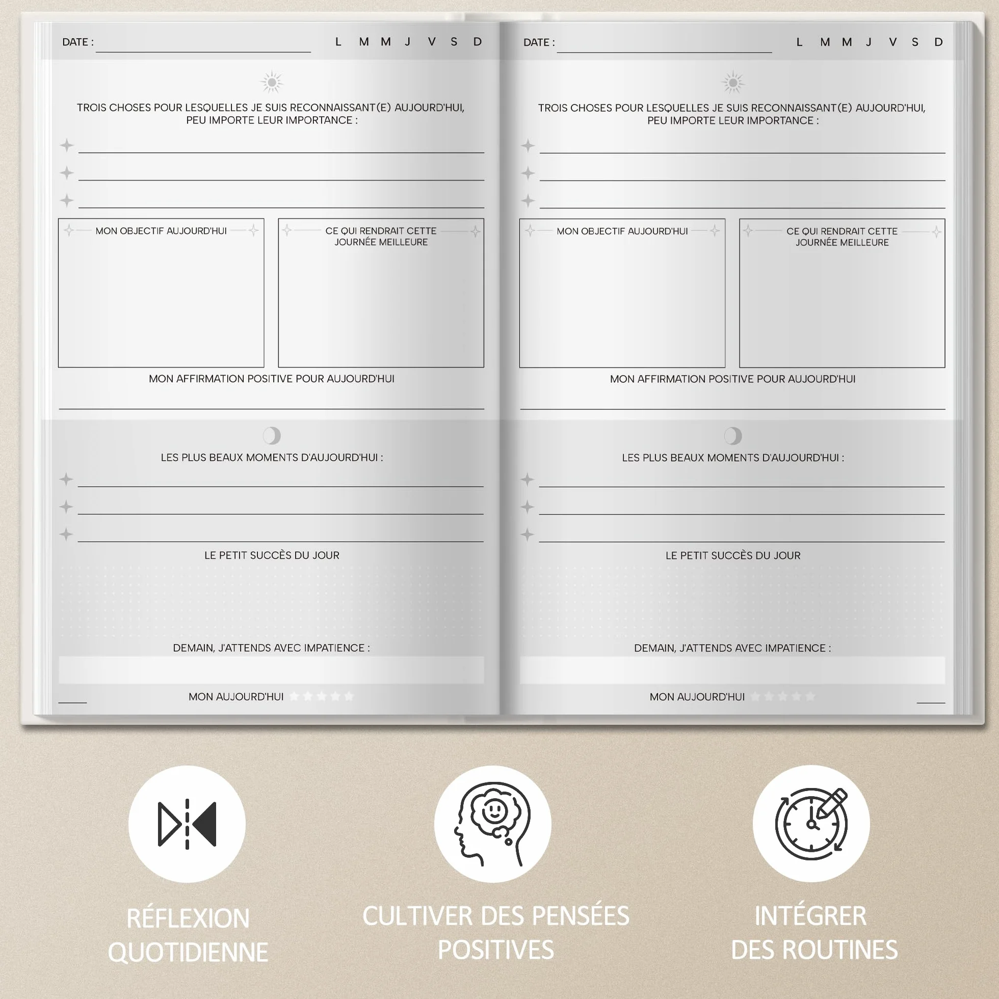 BIROYAL A5 Journal de Gratitude Pleine Conscience 128 Pages Couverture Rigide Beige