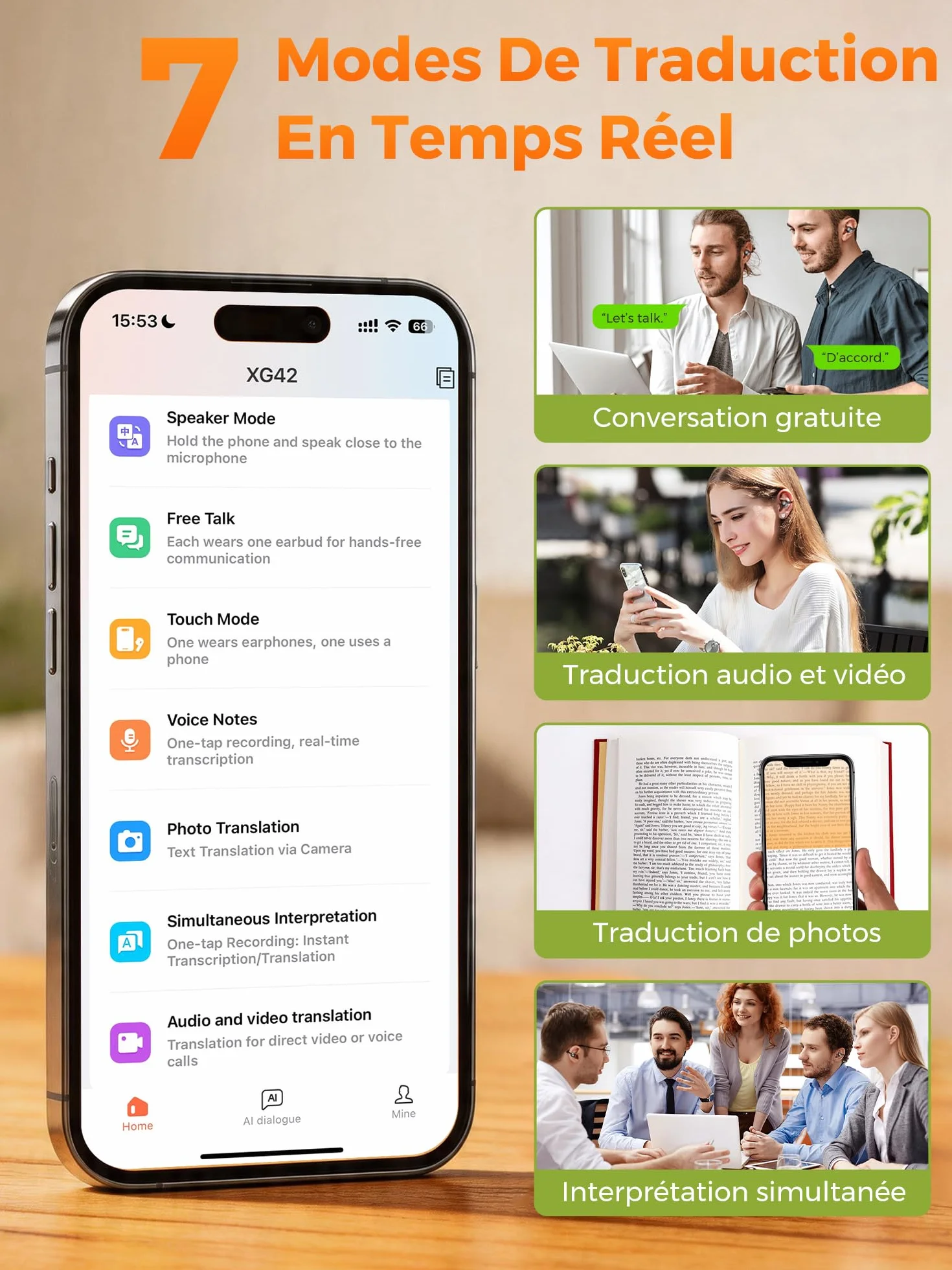 Écouteur Traducteur Vocal Instantané AI 3-En-1 LCD Touchscreen 30H 159 Langues 7 Modes Traduction