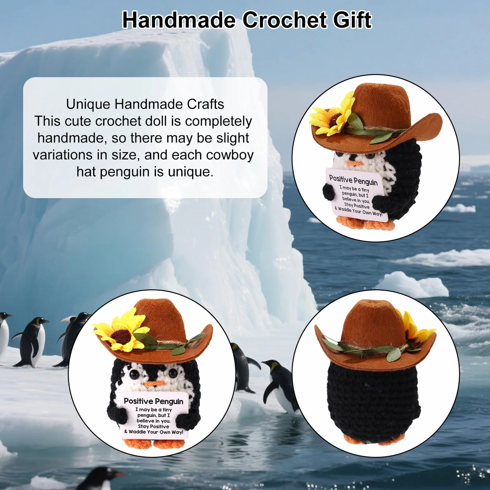 Crochet Pingouin Positif Fait Main avec Chapeau de Cowboy Poupée Inspirante Carte Édifiante Décoration Bureau