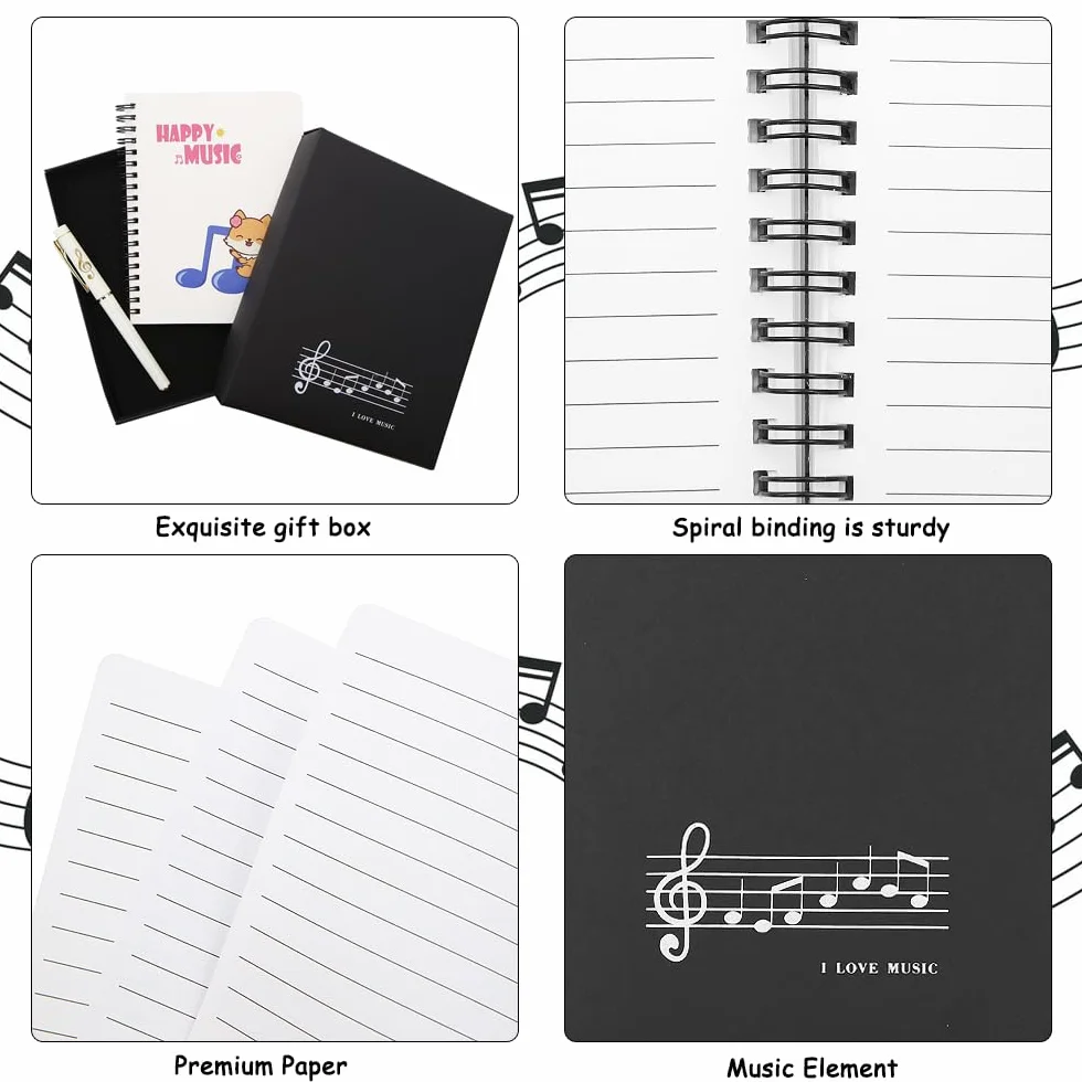 Coffret cadeau papeterie piano musical, carnet spirale feuilles mobiles avec stylo bille
