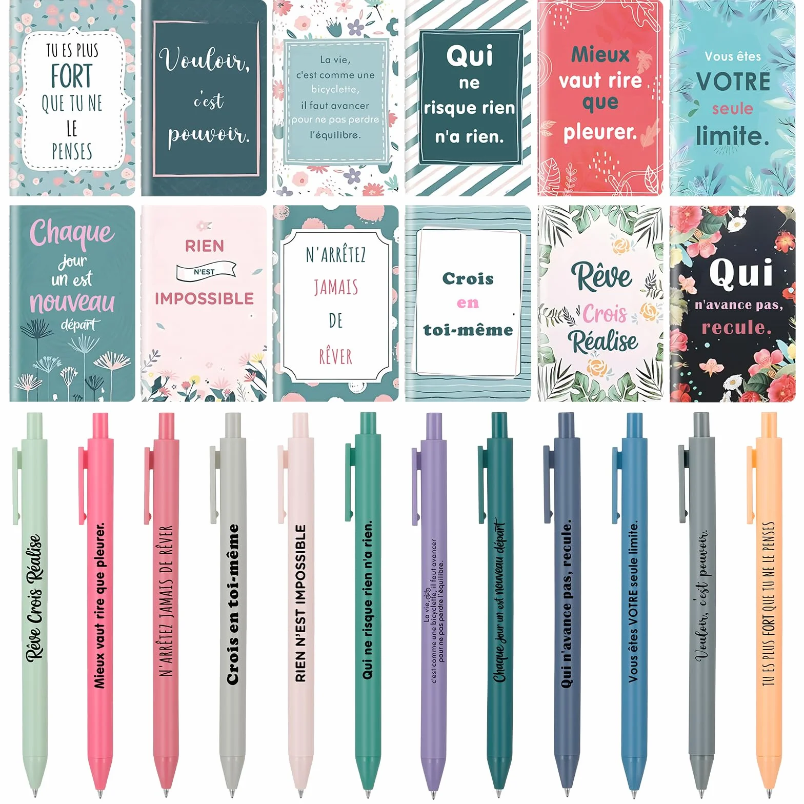 Coffret cadeau 12 pièces carnets stylos bille citations inspirantes
