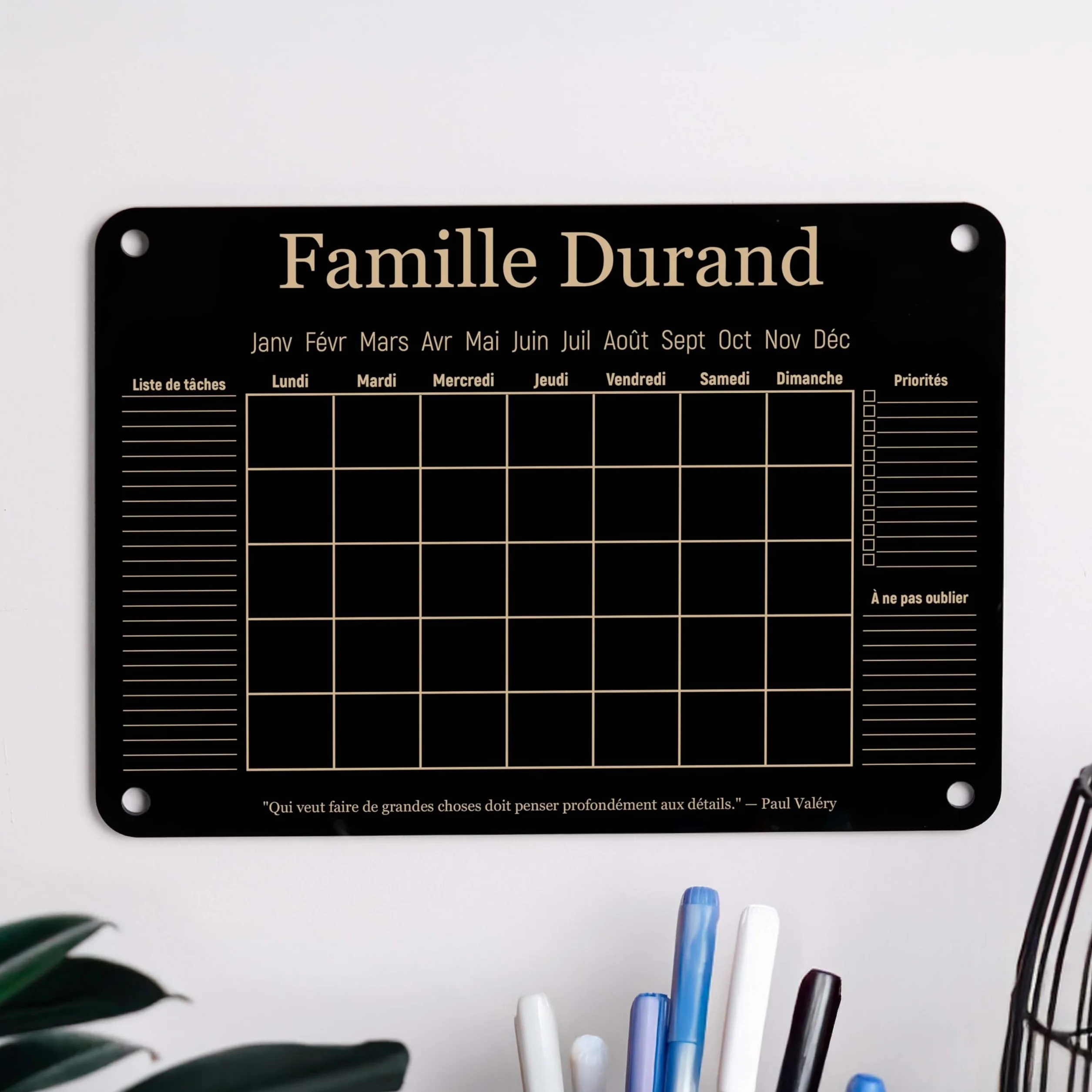 Calendrier Mural en Acrylique Personnalisé LAUBLUST A2 A3 A4 Noir Planificateur Familial Hebdomadaire Mensuel Annuel Effaçable