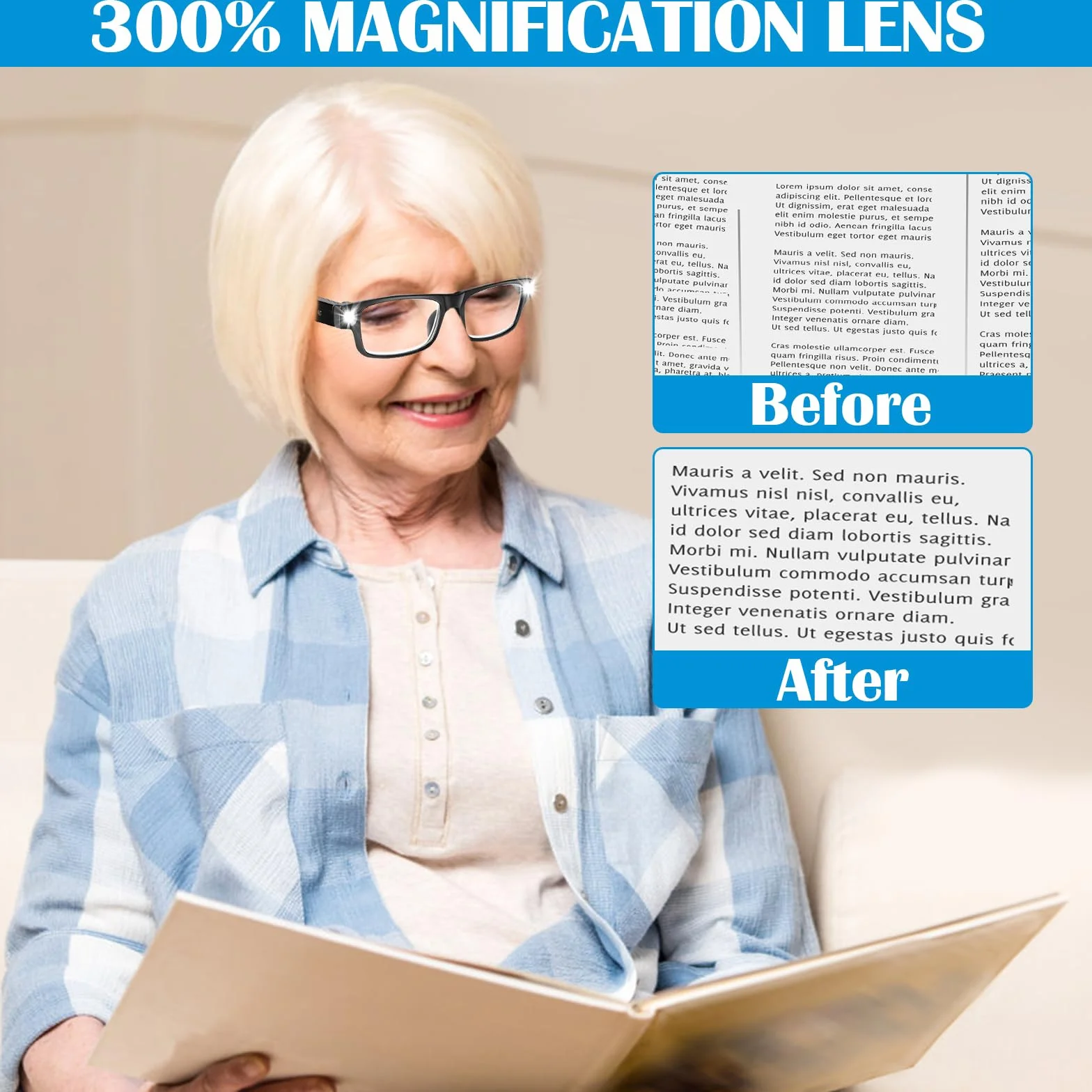 Lunettes Grossissantes 300% avec Lumière LED Rechargeables USB Mains Libres