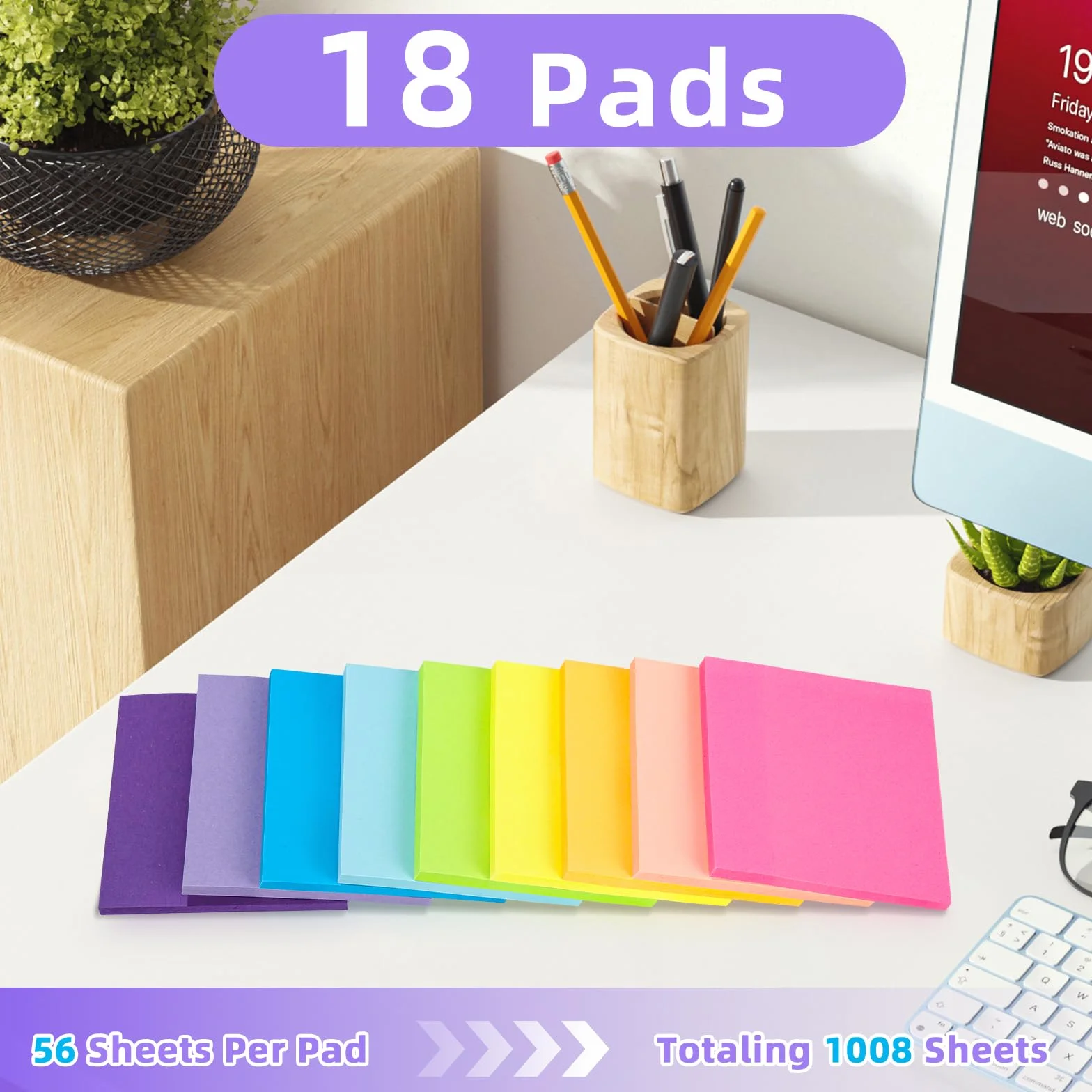 Notes adhésives Super Sticky 76 mm x 76 mm - Lot de 18 - 9 couleurs pour école, bureau, maison