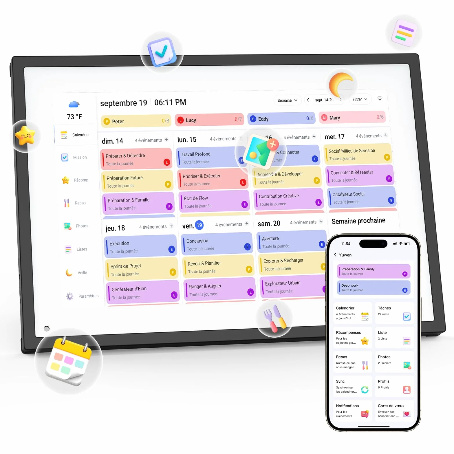 NEWYES 2026 Calendrier Numérique de Bureau 10,1" - Tableau Organisation Famille/Individuel & Cadre Numérique Wi-Fi Sync Écran Tactile Intelligent pour Semaine Enfant/Repas/Agenda/Apprentissage