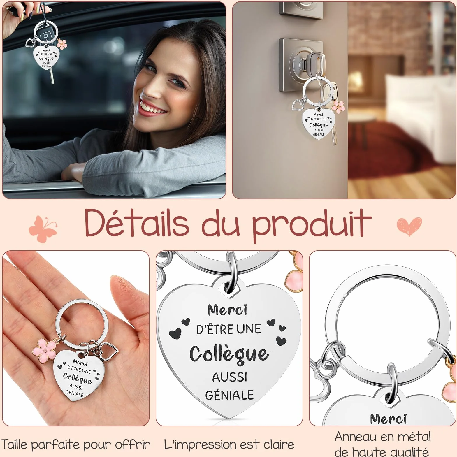 Sinmoe Cadeau pour Collègue Femme Set 3 Pièces Mini Carnet Spirale Stylo Noir Porte-Clé Fleur Départ Retraite