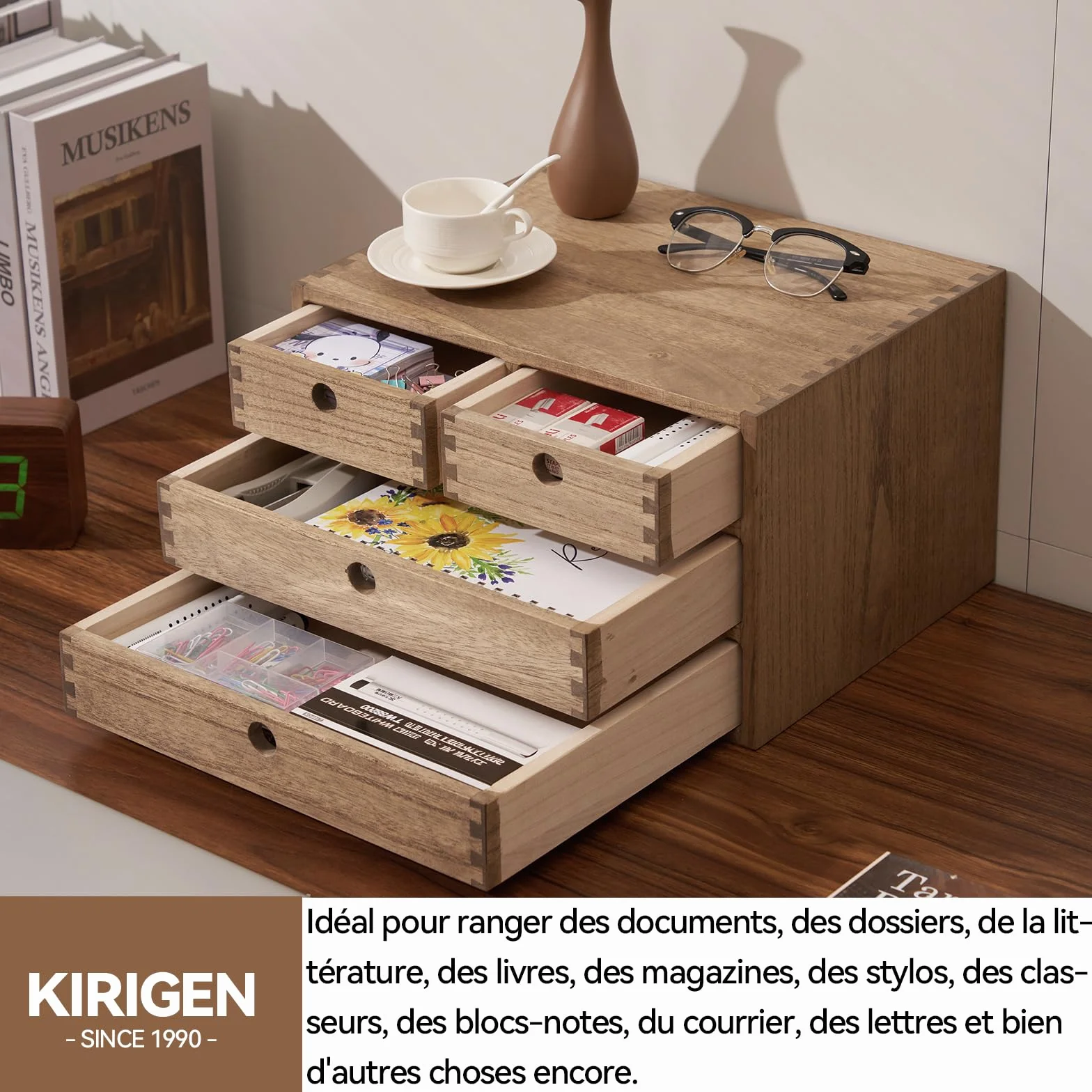 KIRIGEN Boîtes à tiroirs en bois 3 étages 4 tiroirs brun rangement bureau