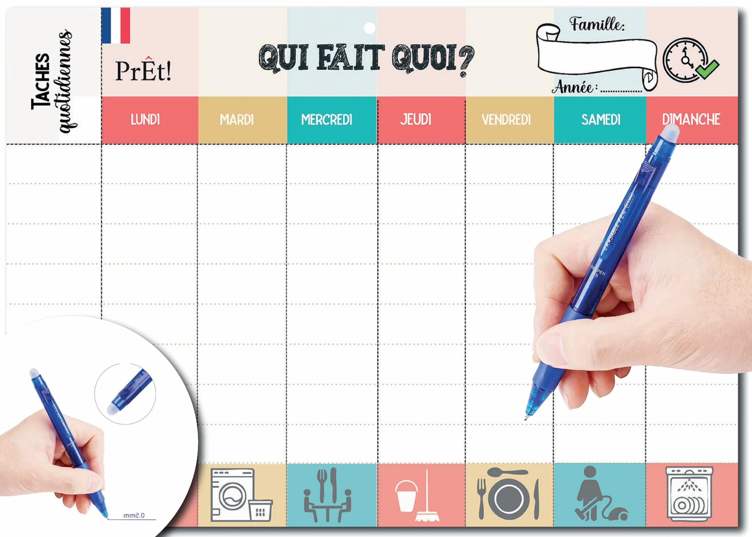 Calendrier Hebdomadaire Familial A3 à Remplir | Planning Mural Organisation Famille avec 8 Tâches Quotidiennes