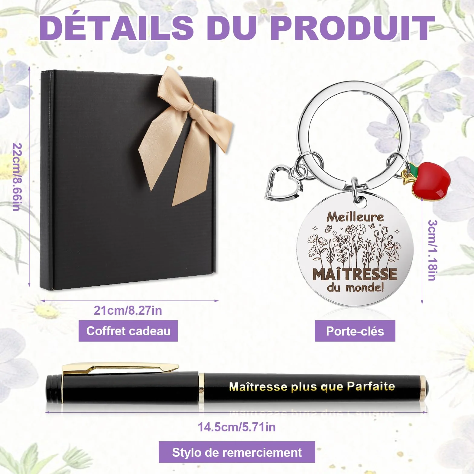 Coffret Cadeau Maîtresse d'École Fin d'Année avec Carnet A5, Porte-Clés, Stylo
