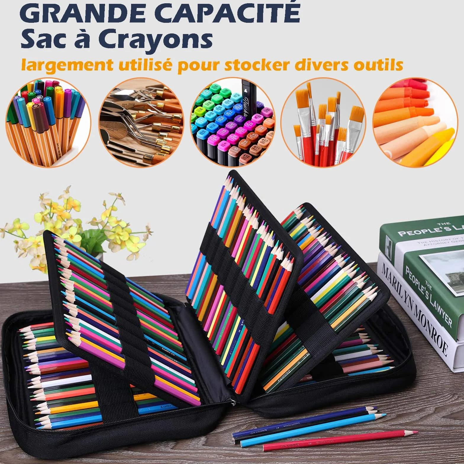Trousse à Crayon Grande Capacité 3 Compartiments Anti-Salissant Durable Sac de Crayon pour Professionnelle