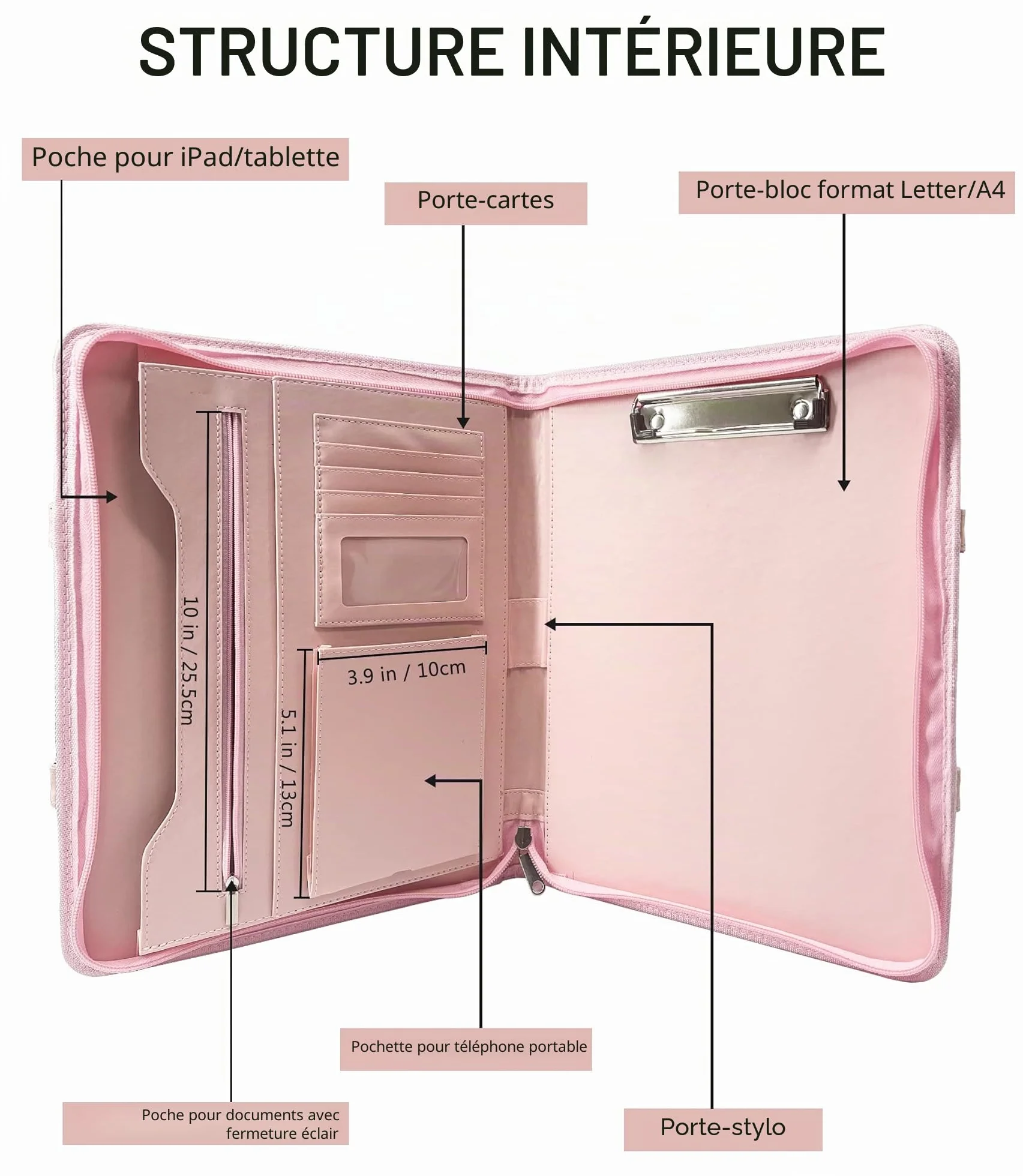 GraduatePro Porte Document Cuir Bloc Document Homme Femme Voyage Bureau Organisateur Rose