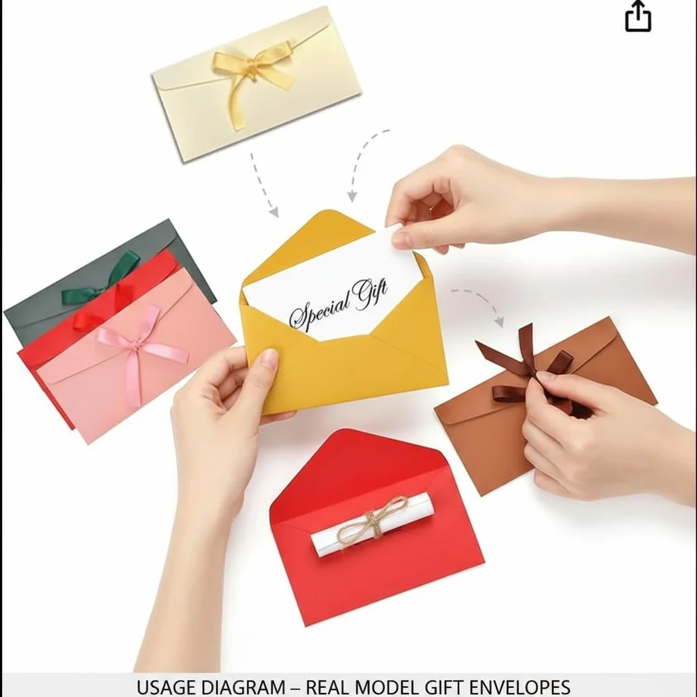 Enveloppes décoratives avec nœud en ruban, lot de 12, 22 x 11 cm, 6 couleurs