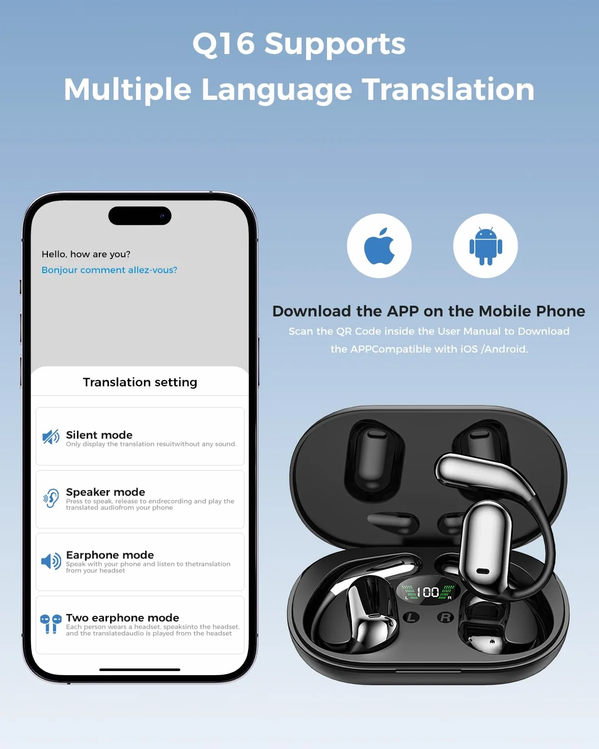 AI Traducteur de Langue Écouteurs, Traduction en Ligne 144 Langues, Temps réel, Noir