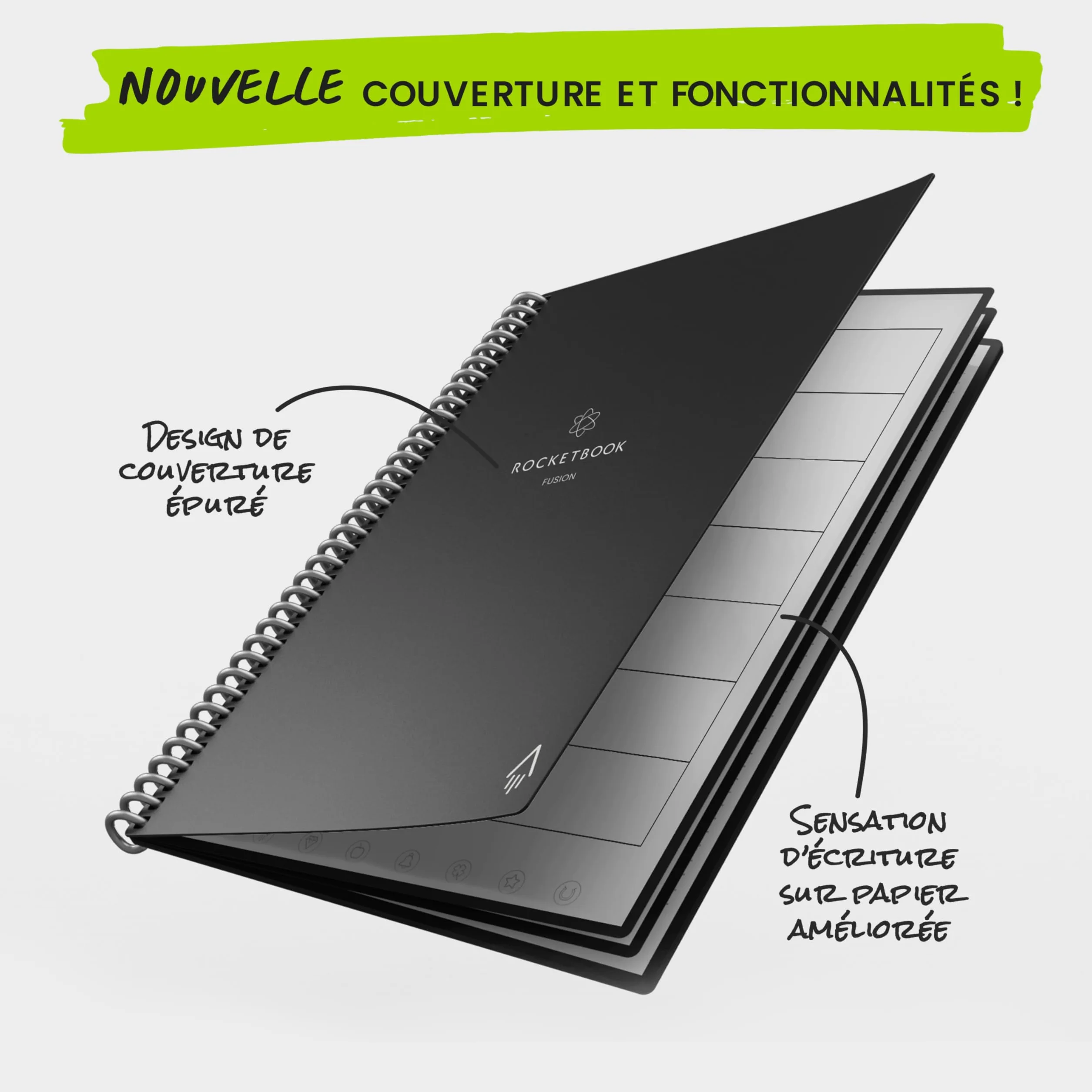 Rocketbook Fusion Agenda Non Daté Réutilisable Taille Letter 21 x 29,7 cm Noir Objectifs Calendrier Mensuel Hebdomadaire To-Do Lists Quotidiennes Pages Lignées Pointillées