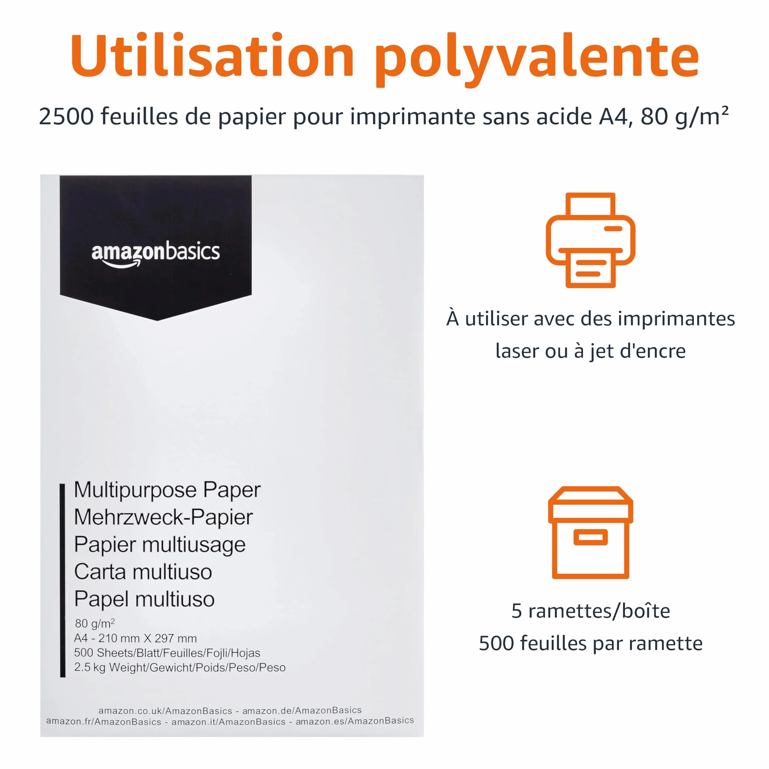 Amazon Basics Papier multi-usage A4 80g, carton 5 ramettes 2500 feuilles