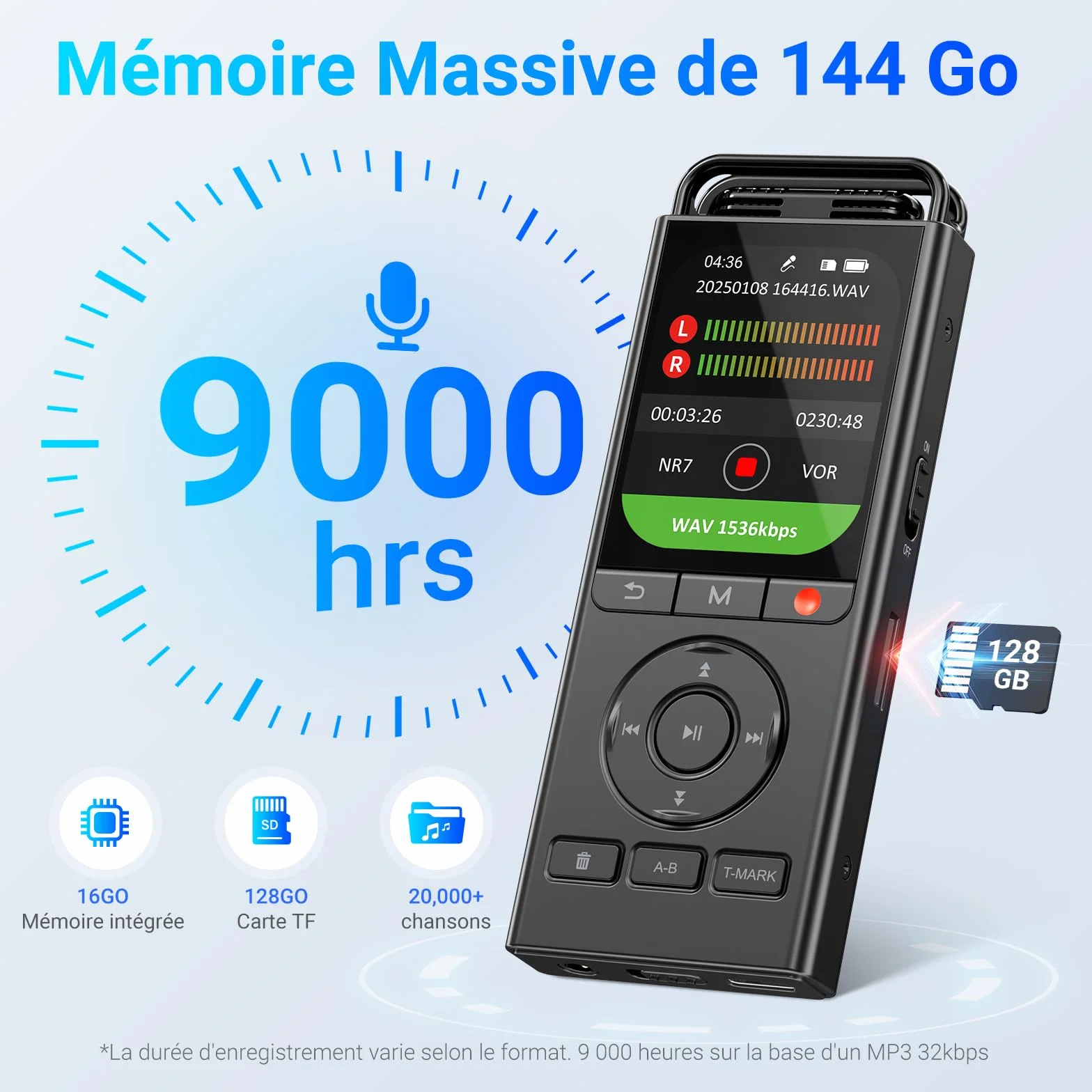 Dictaphone Enregistreur Vocal Numérique 144 Go, Audio HD 3072 Kbps, Réduction du Bruit