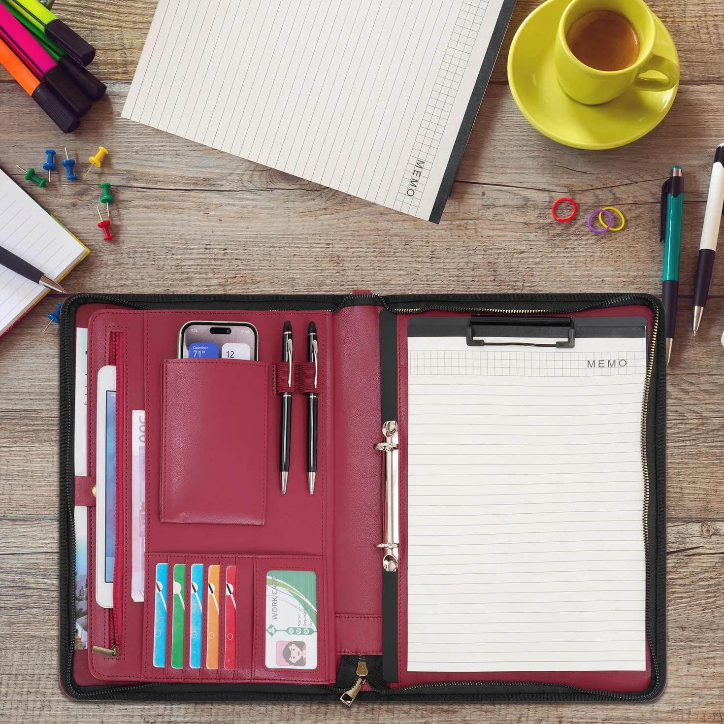 Wason Porte-documents A4 Cuir PU Fermeture Éclair Padfolio Classeur Anneaux Détachable Support Bloc-Notes Organiseur Conférence Rouge
