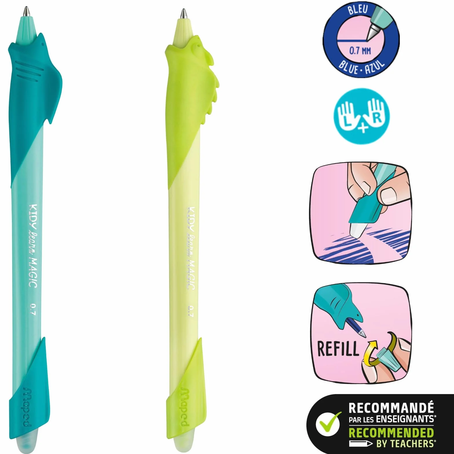 Maped Kidy Learn Stylo Effaçable Lot de 2 avec Gomme Intégrée Rechargeable Apprentissage Écriture Pack 4 Recharges