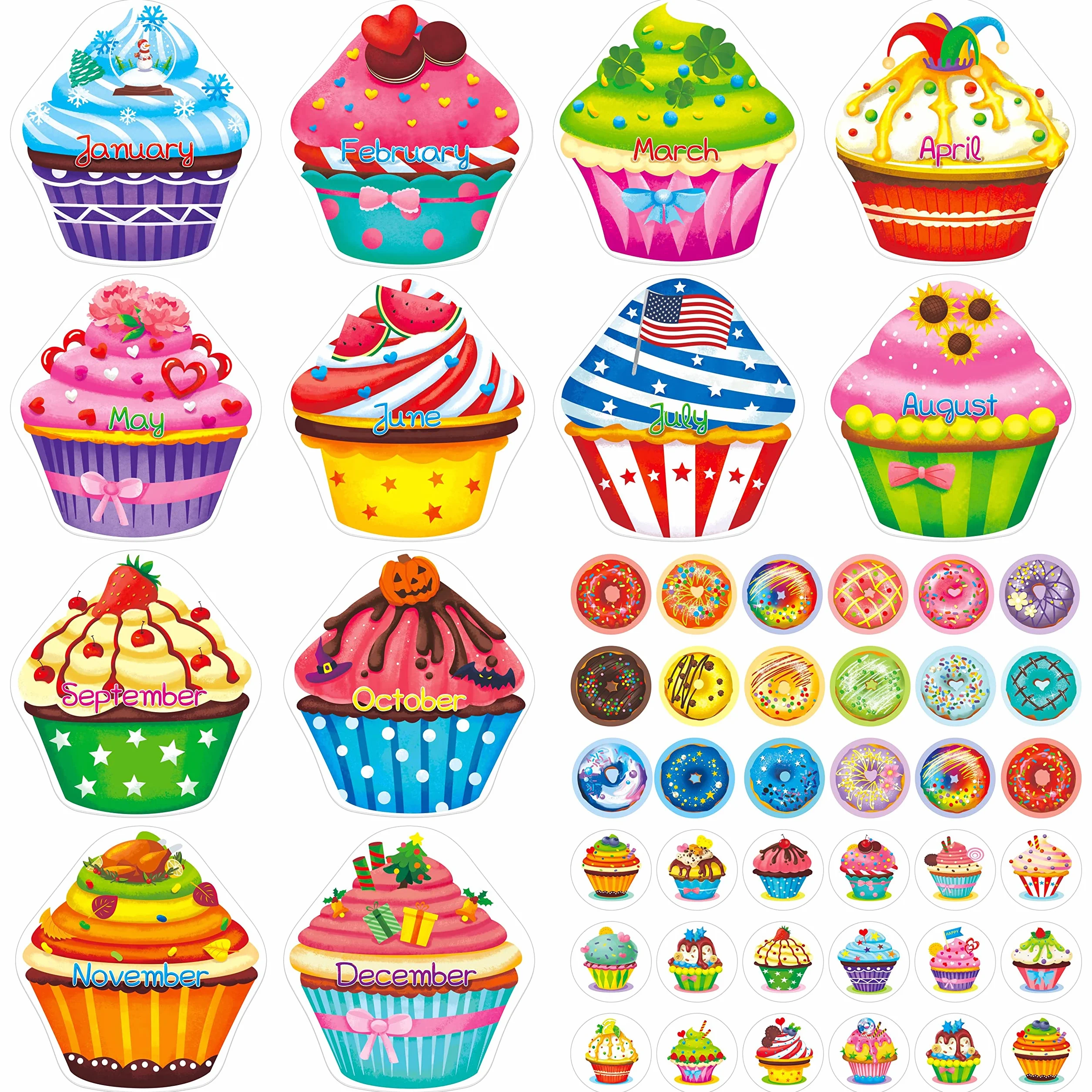 Tableaux d'affichage Cupcake 12 Mois avec 320 Autocollants pour Beignets et Gâteaux, Décoration Murale de Salle de Classe