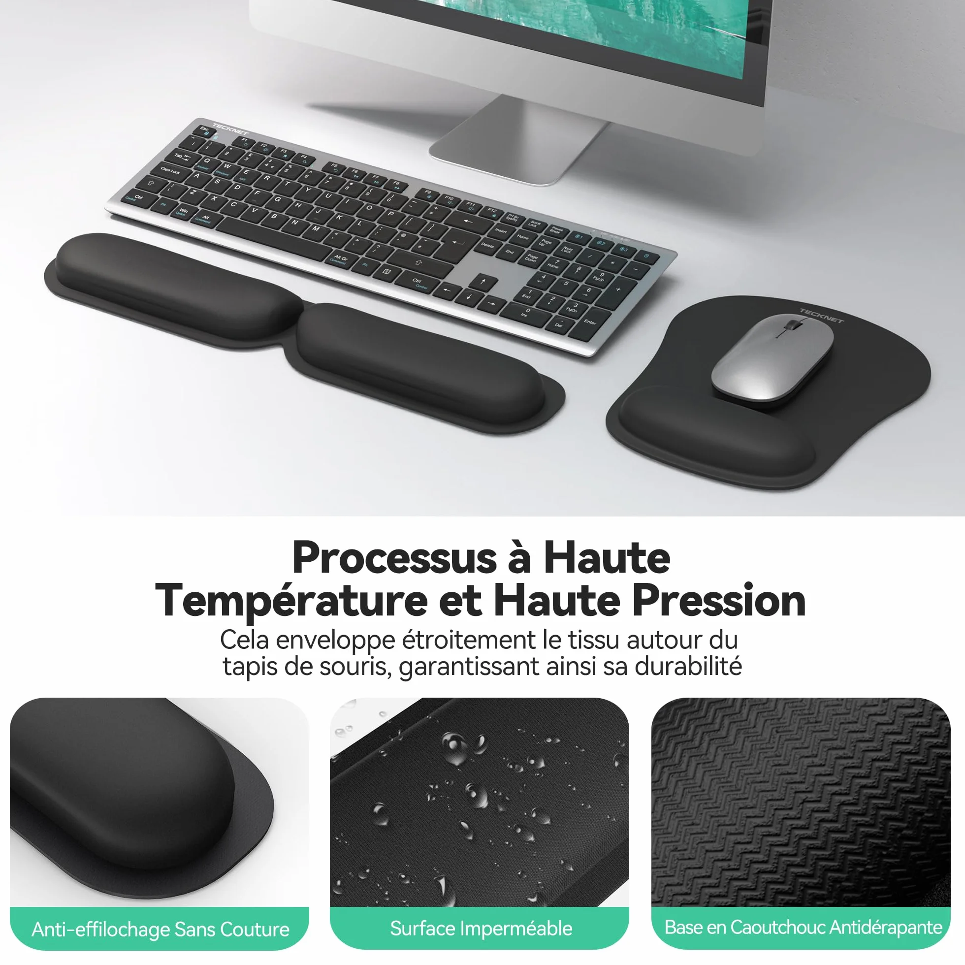 TECKNET Tapis de Souris et Repose-Poignet Clavier, Mouse Pad Ergonomique en Mousse à Mémoire Antidérapant Imperméable