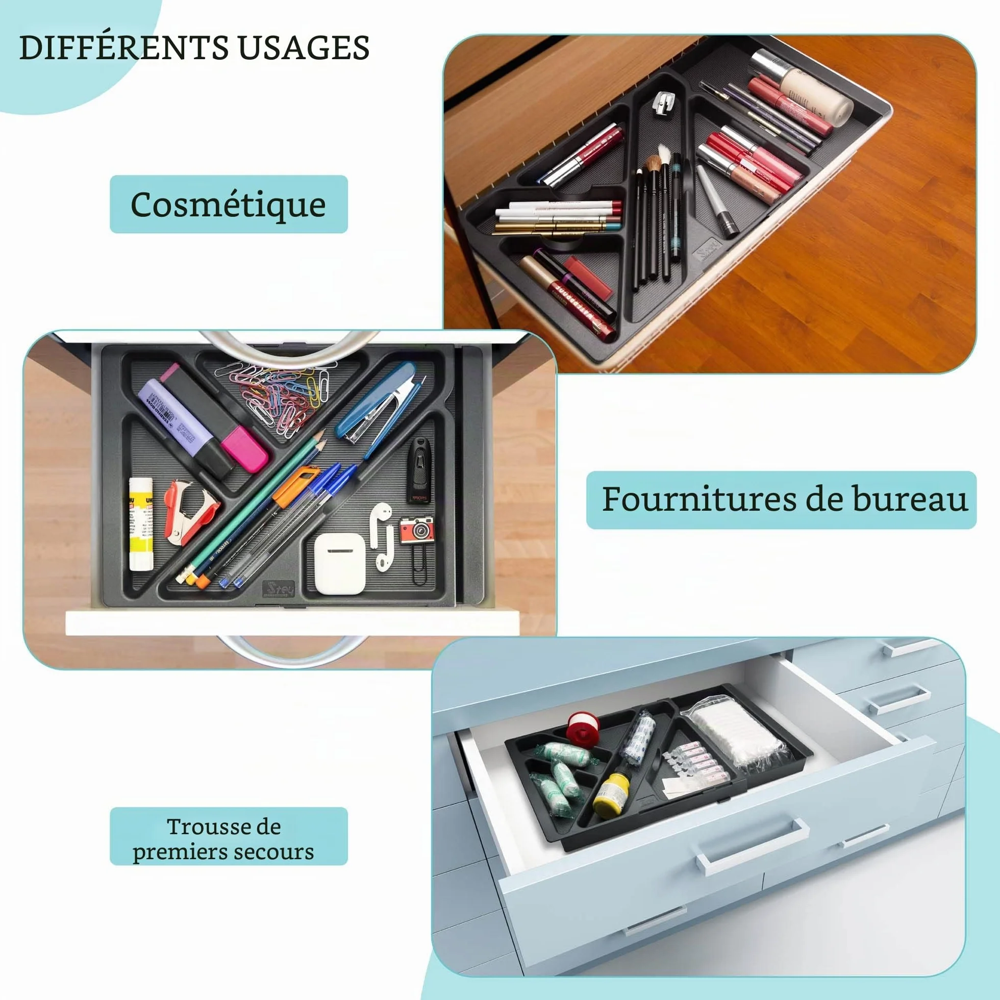 Plateau extensible pour tiroir de bureau plastique recyclé 32,8-45,2 x 22,5 x 2,5 cm Noir Made in EU