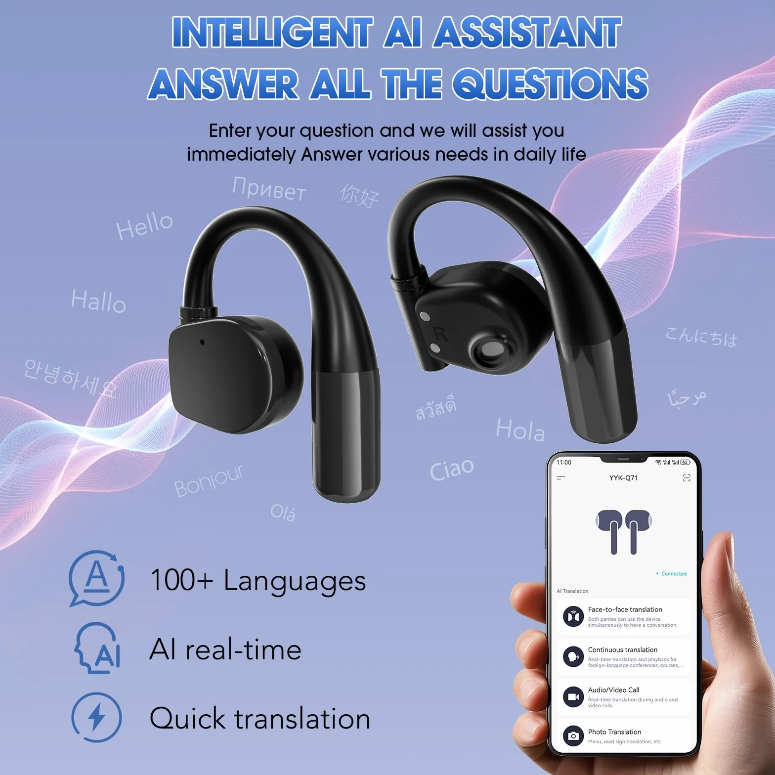 Écouteur Traducteur Instantané Open-Ear 138 Langues Bluetooth 5.4 Traduction Vocale IA Wearfit Pro Noir