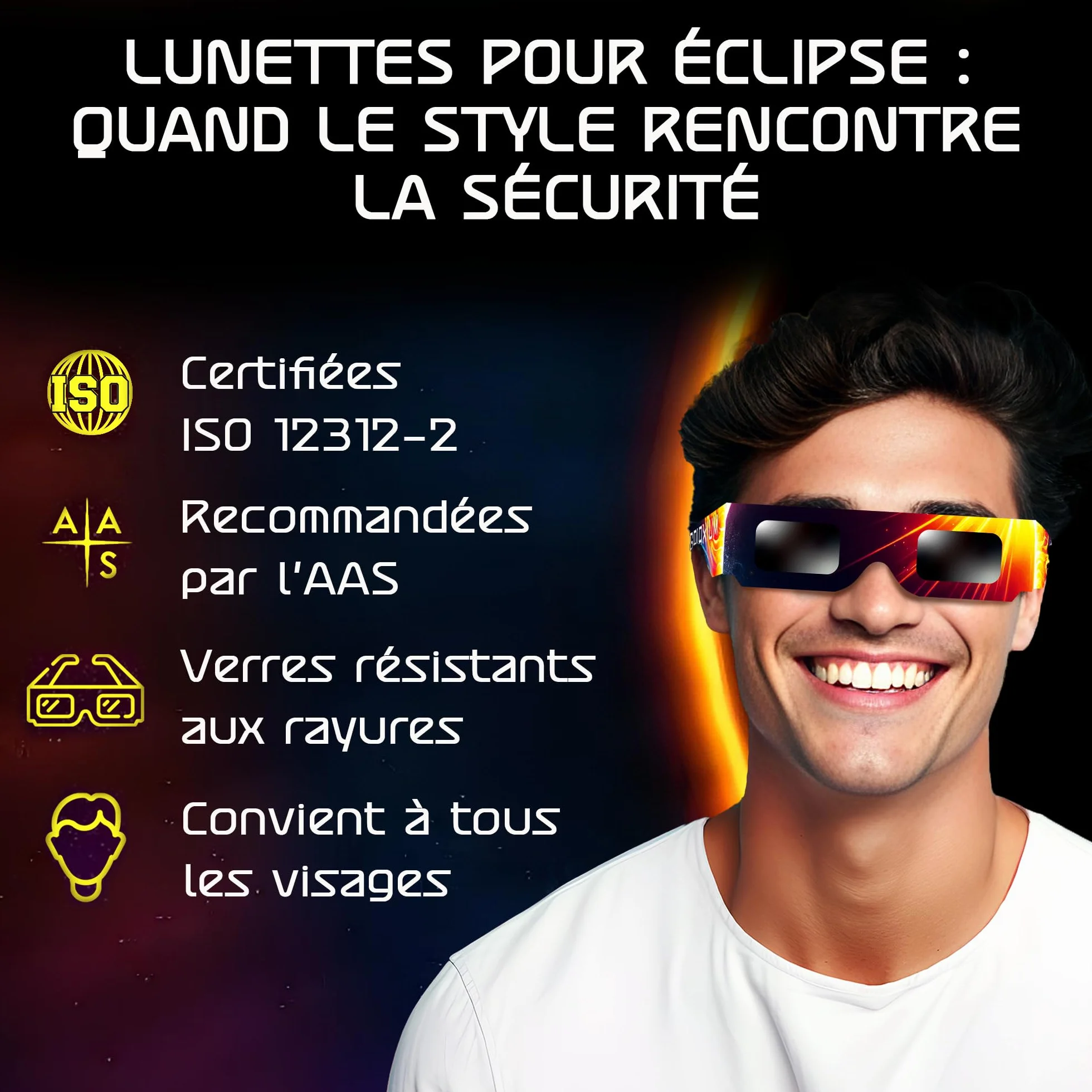 Lunettes d'éclipse solaire Galaxium Lot de 12 - Homologuées AAS 2026 Certifiées ISO 12312-2 CE