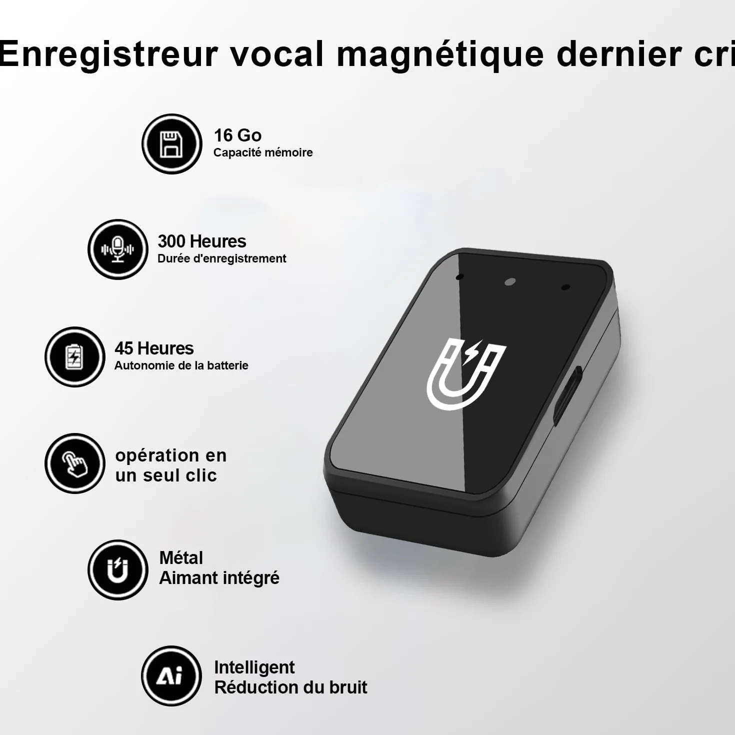 Enregistreur Vocal Magnétique 16 Go Réduction du Bruit USB-C Rechargeable Audio Portable
