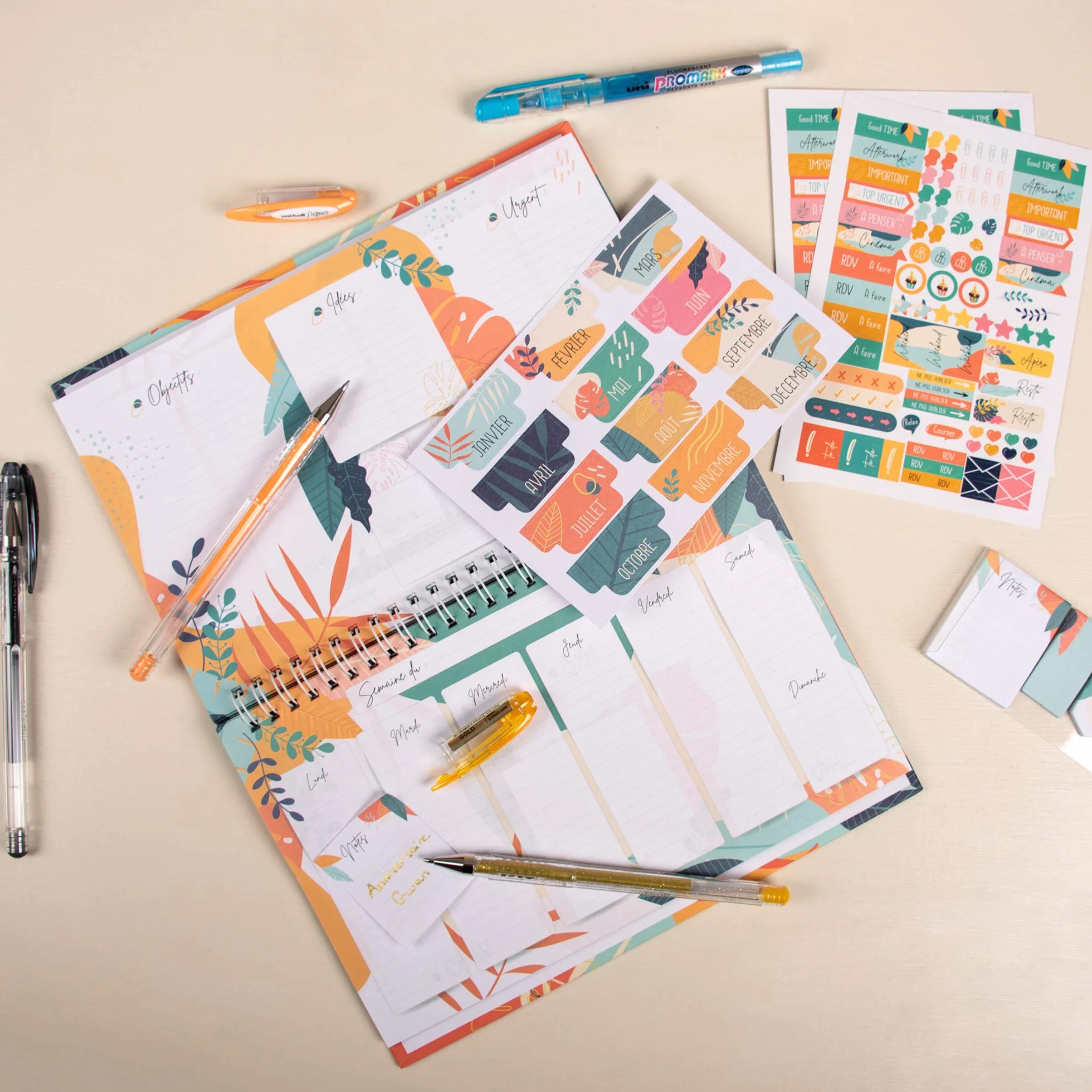Mitsubishi Pencil uni-ball Weekly Planner Non Daté 60 Pages + 3 Rollers Gel Signo + Surligneur Promark Eye