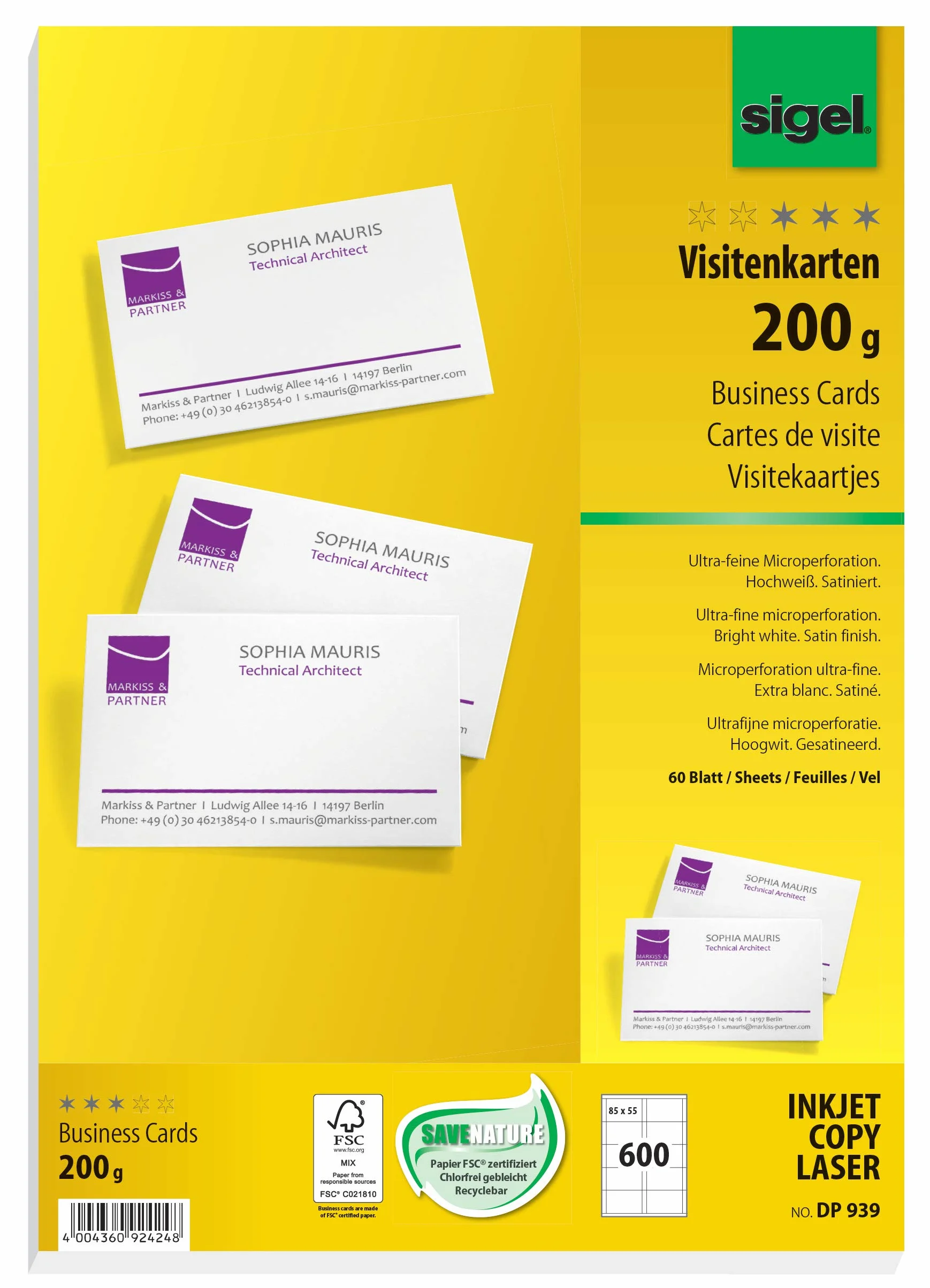 SIGEL DP939 Cartes de visite imprimables prédécoupées 8,5 x 5,5 cm 200g/m² blanc