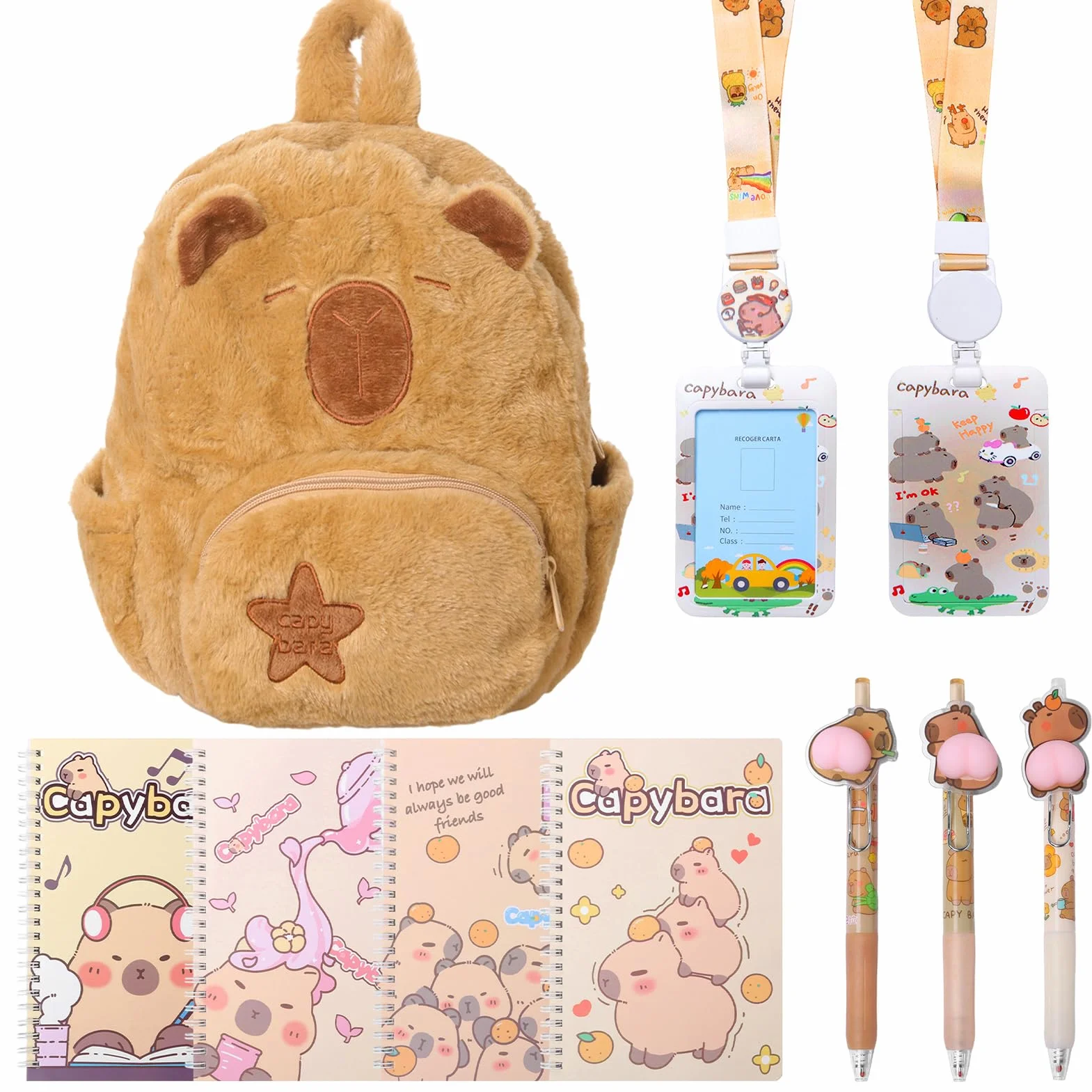 Cartable Scolaire Capybara Peluche Ensemble de Papeterie Sac à Dos Cadeau pour Fille 2-8 Ans